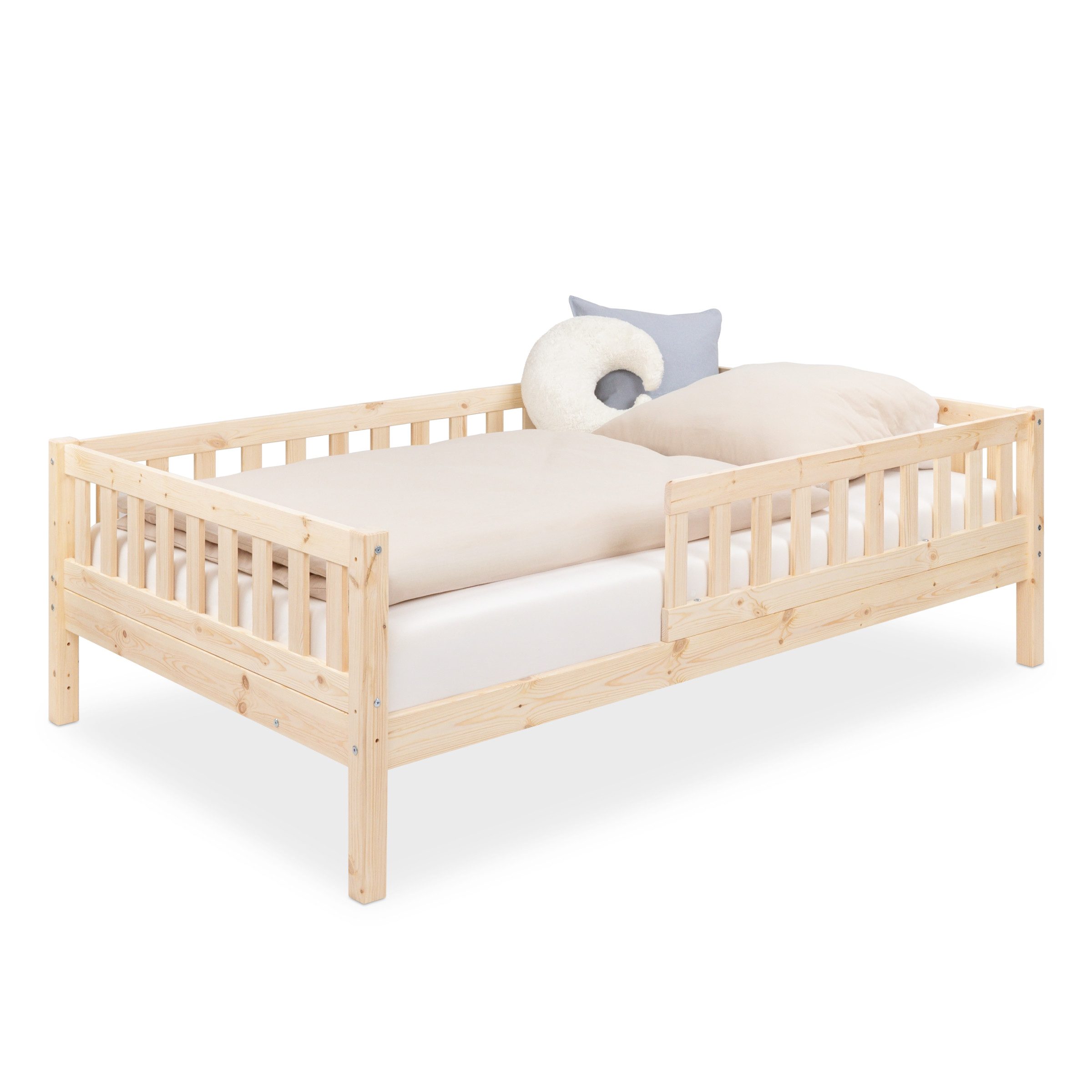 Ehrenkind Kinderbett Lille aus massivem Kieferholz inkl. Rollrost und Rausfallschutz (120x200 cm Natur, 2-in-1: Mit optionalem Umbauset zum Bodenbett umbaubar), flexibler Rausfallschutz beidseitig montierbar