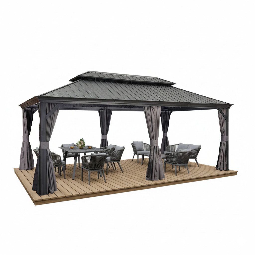 PURPLE LEAF Pavillon Gartenpavillon mit Stahldach, Hardtop Gazebo mit Seitenteile, Wasserdicht Stabil Winterfest, Grau