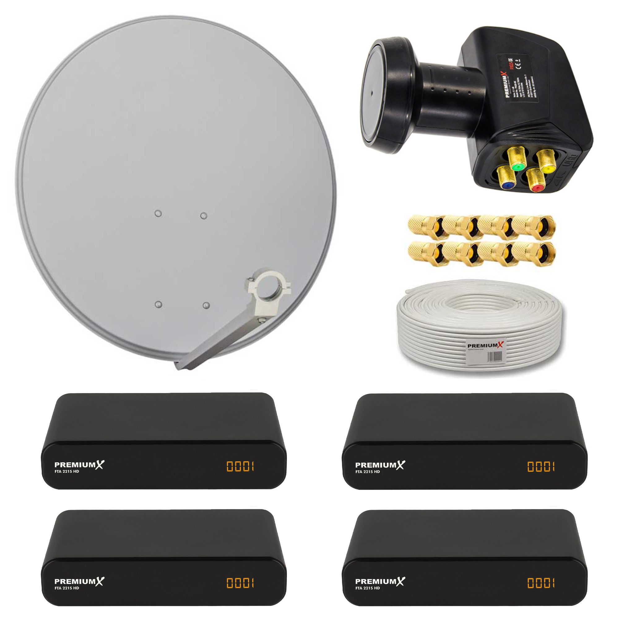 Satelliten-Komplettanlage 4 Teilnehmer 60cm Quad LNB Kabel 4x Receiver SAT-Antenne