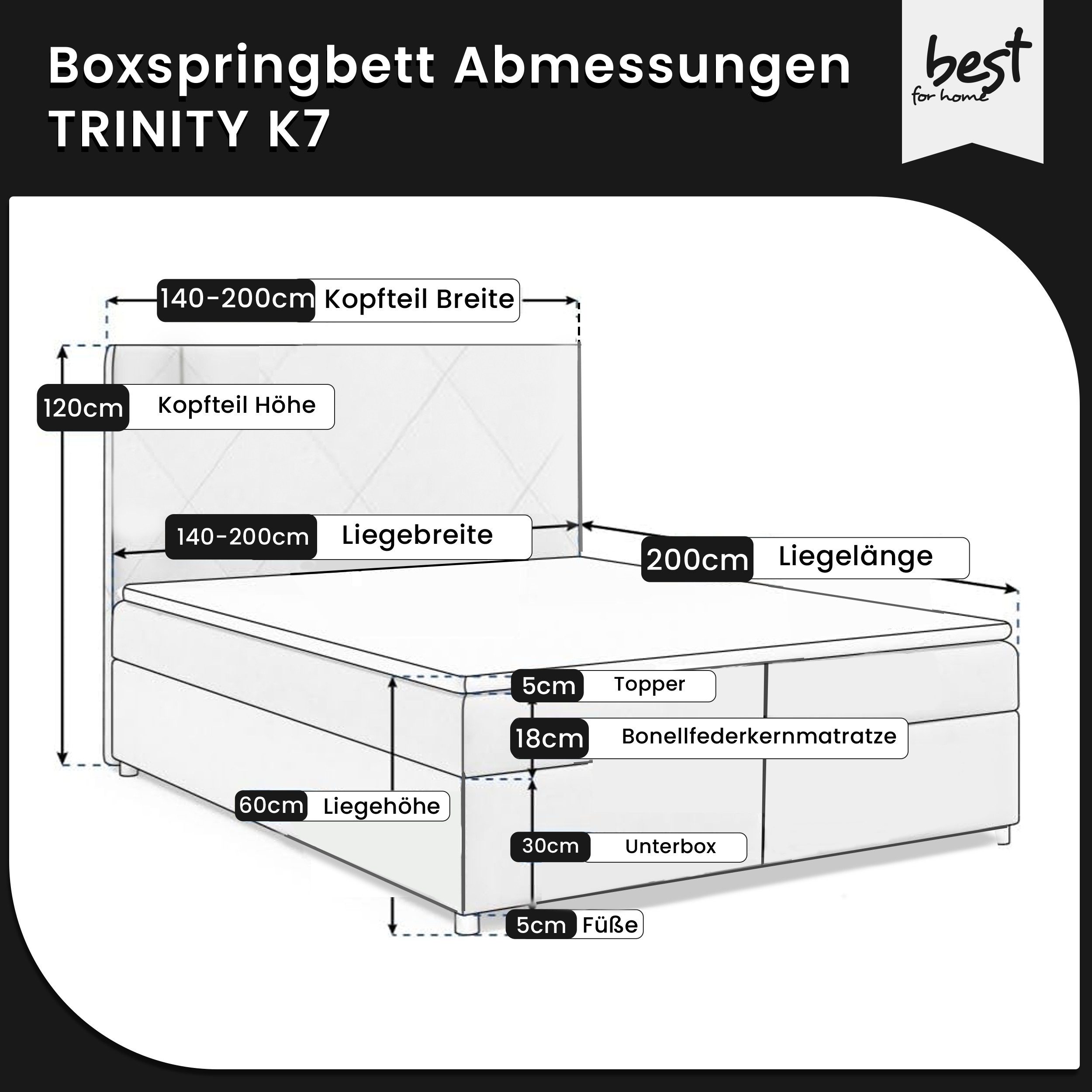 Best for Home Boxspringbett Parma Stauraum 7cm Topper Bonellfederkern Bettkasten (Einzelbett, 3-St., 140x200 160x200 180x200 200x200 cm), 7-Zonen Bonellfederkernmatratze H3; 5 cm PUR-Schaum T-30 Topper