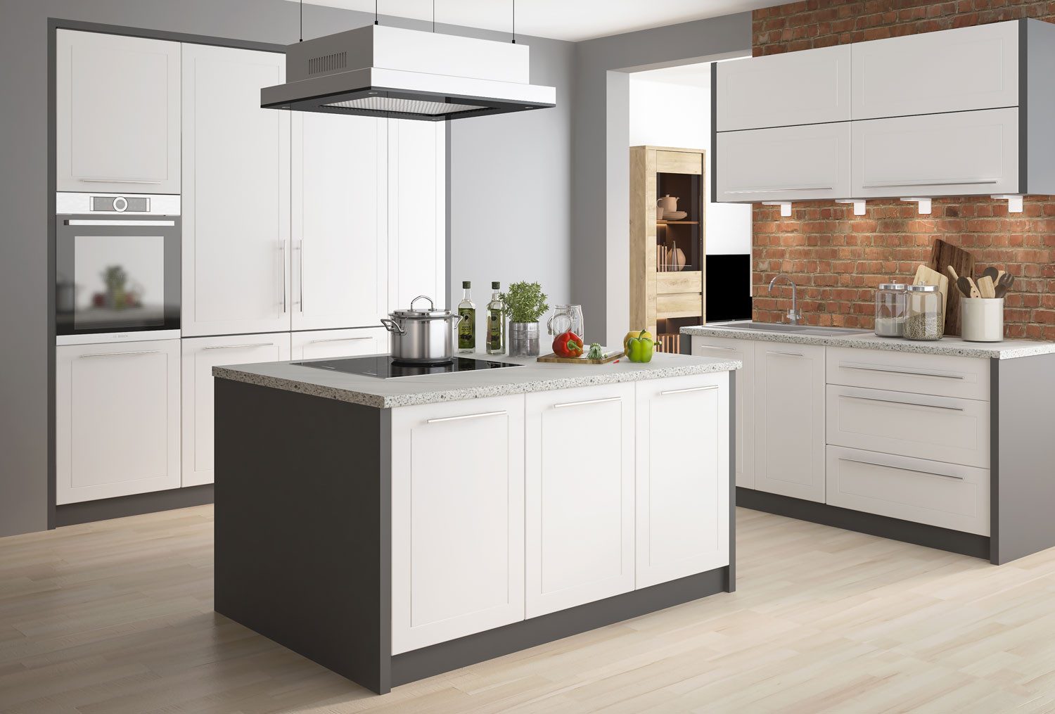 Feldmann-Wohnen Kücheninsel Kvantum, (mit Kücheninsel, Soft-Close-Funktion, Teilauszugschubladen), lava / weiß matt 14-teilig