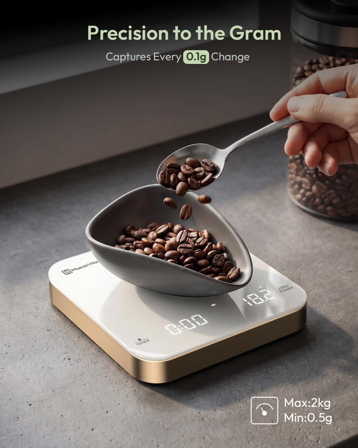 Maestri House Küchenwaage K112 Espressowaage mit Auto-Timer, 0,1 g / 2 kg, (1-tlg., Glasoberfläche für Espresso und Pour Over), Touch-Bedienung, USB-C, Tara, St – Bild 5 von 5
