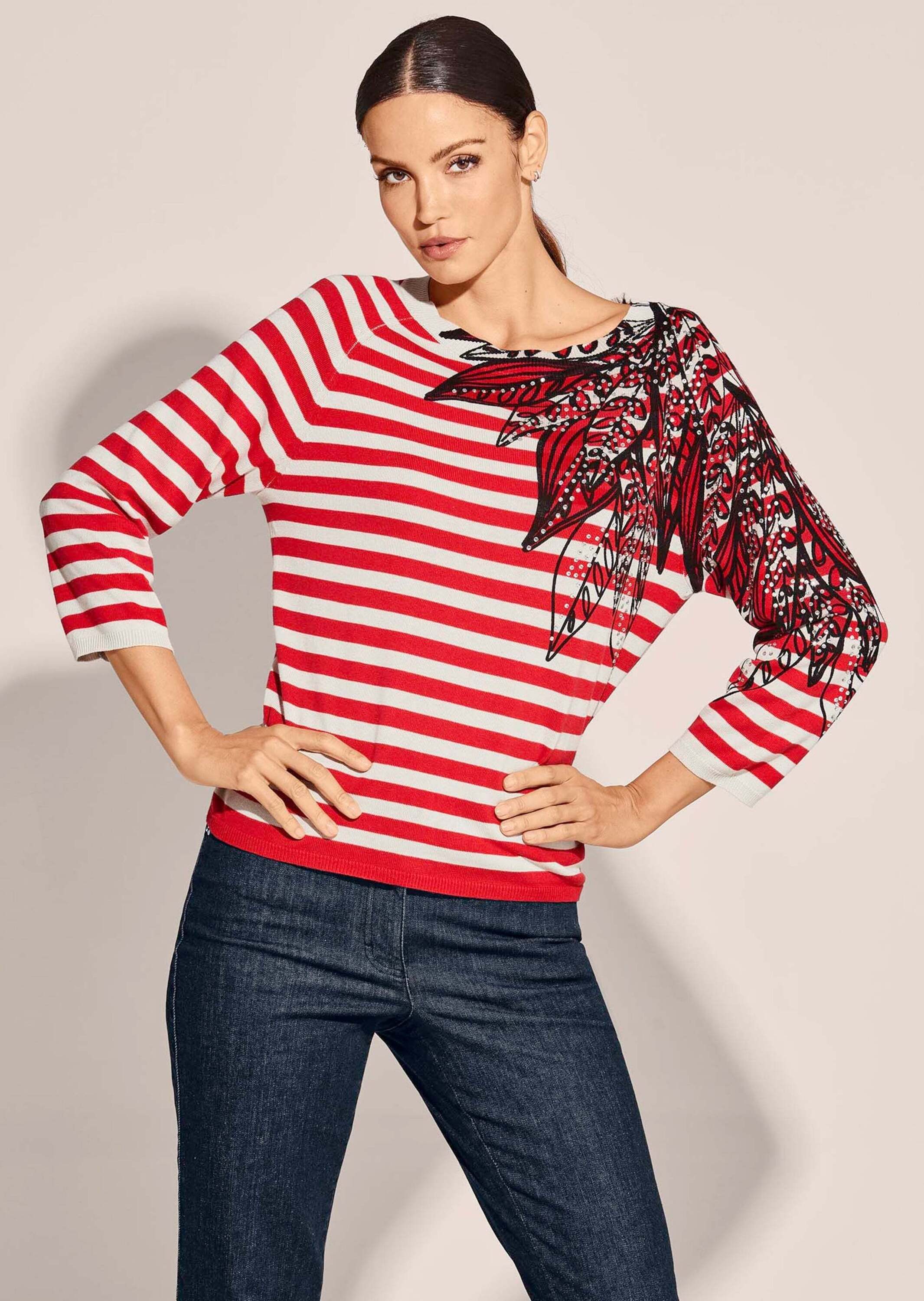 Strickpullover Gestreifter Pullover mit Strasssteinchen