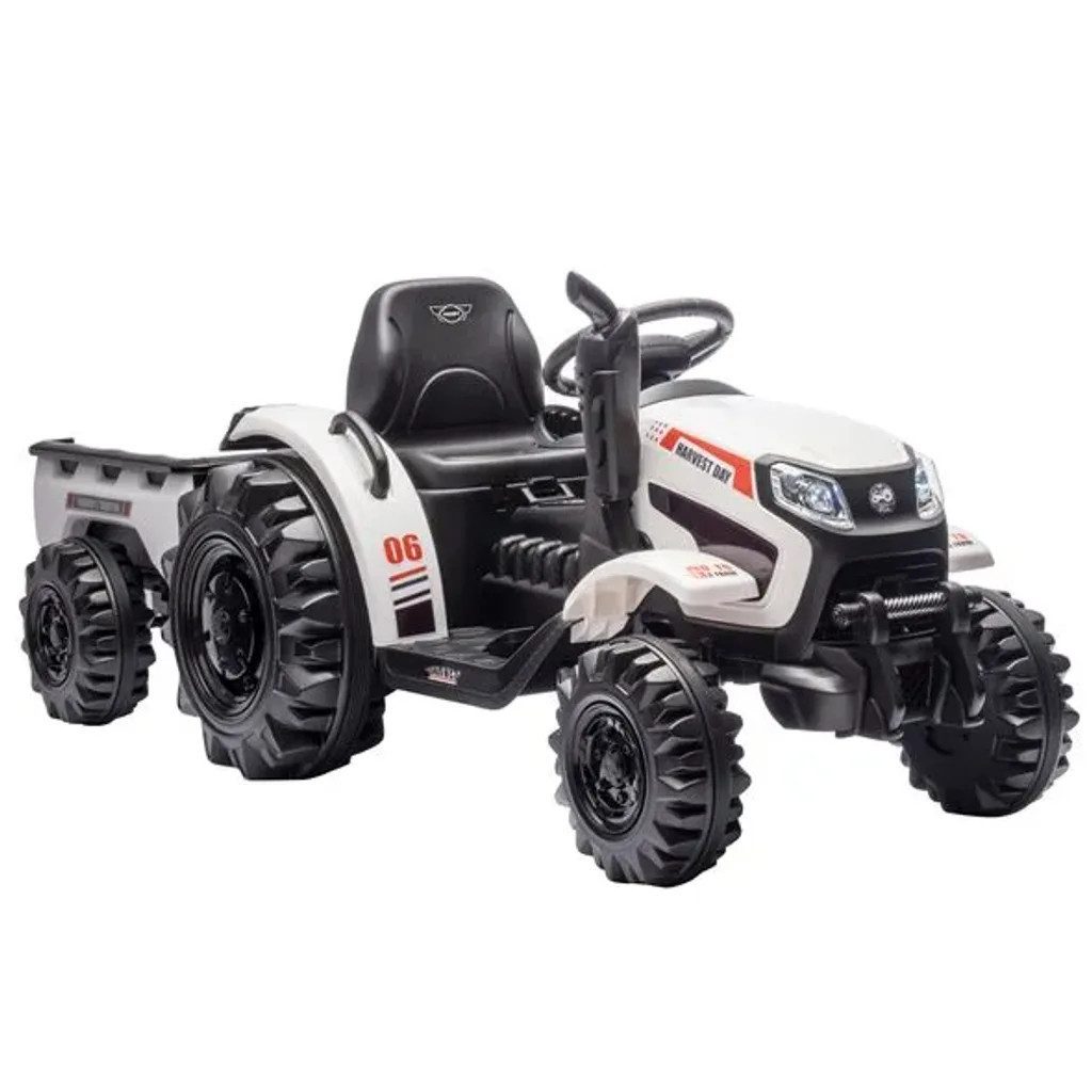 Hecht Elektro-Kindertraktor mit abnehmbarm Anhänger bis 5km/h, bis 30kg, 12V / 10 Ah, Belastbarkeit 30 kg, Hupe, Scheinwerfer, Traktor Sounds, Radio, USB, AUX, SD