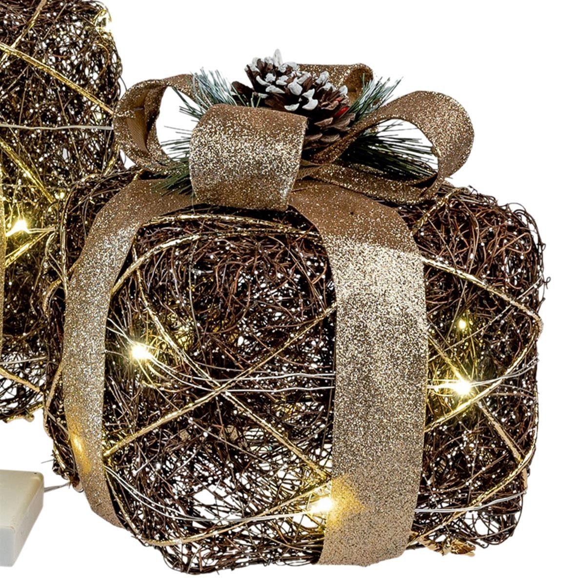 dekojohnson Weihnachtsfigur LED Geschenkboxen mit gold TLG. schwarz 3 Schleife