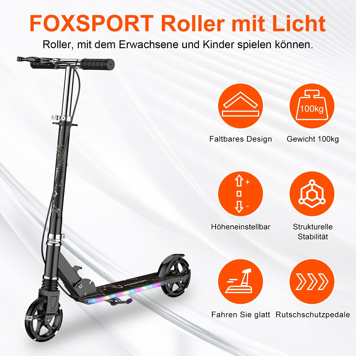 FOXSPORT Cityroller klappbar & höhenverstellbar, 1 km/h, Kick Scooter mit LED-Radlicht & Fußplattenbeleuchtung