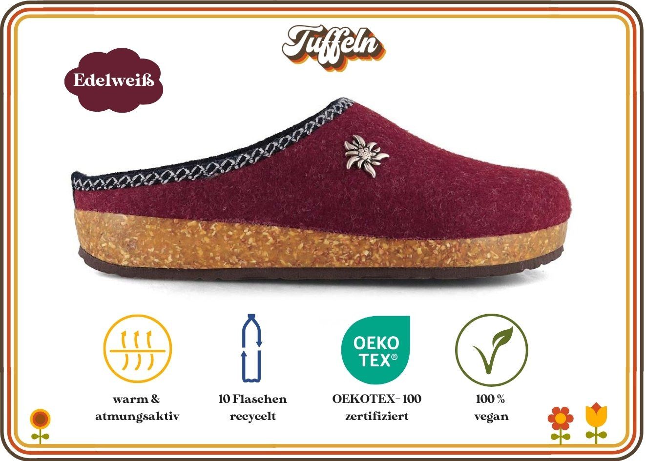 Tuffeln Edelweiß Filz-Pantoffeln vegane Clogs mit Edelweiß Applikation Hausschuh mit Kork-Latex-Fußbett – Bild 2 von 5