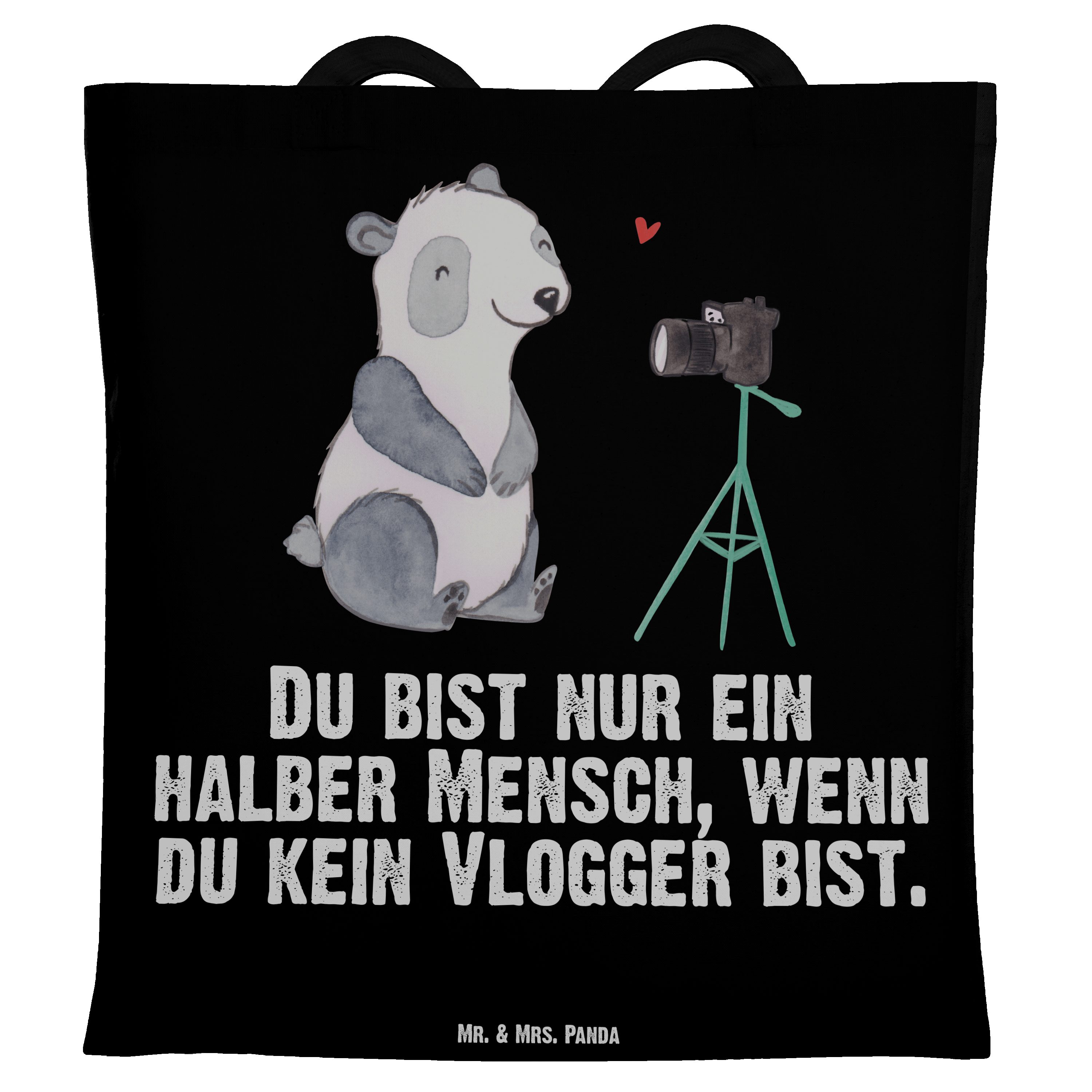 Mr. & Mrs. Panda Tragetasche Vlogger mit Herz - Schwarz - Geschenk, Stoffbeutel, Beruf, Einkaufsta (1-tlg)