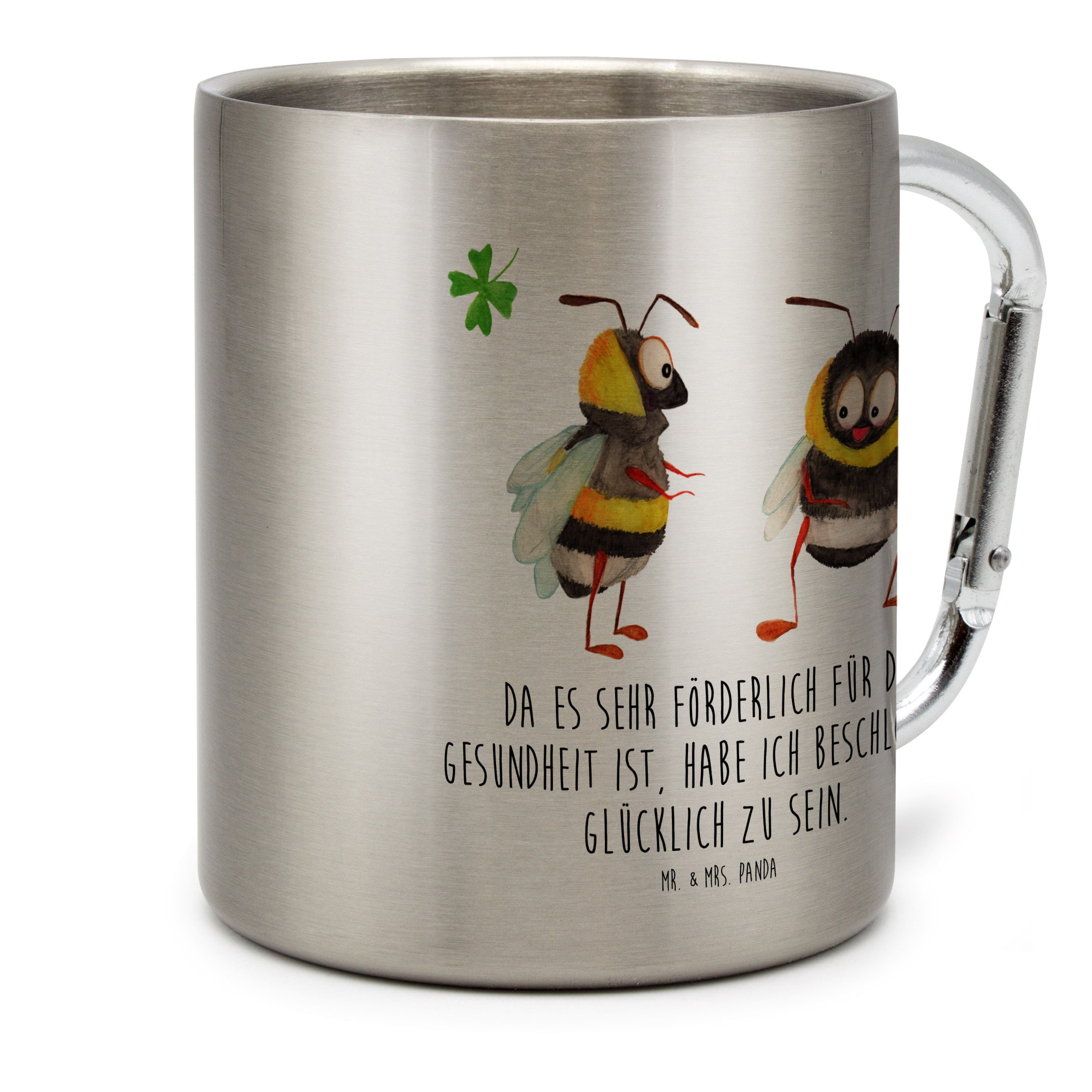 Mr. & Mrs. Panda Tasse Hummeln Kleeblatt, Campingtasse, Transparent, Spruch Positiv, schön, Edelstahl, Edelstahl-Isolierbecher Karabiner Becher Reisebecher