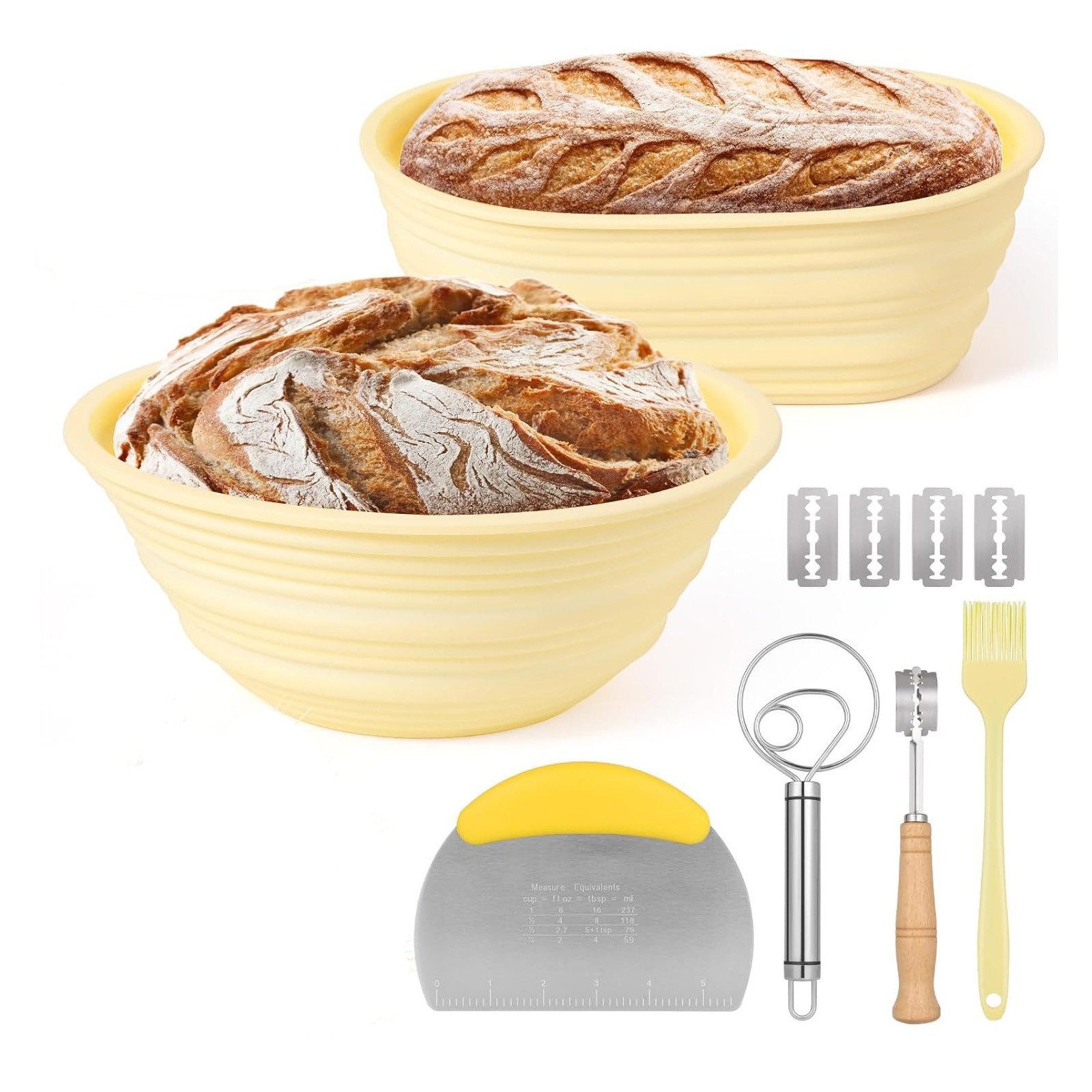 BlingBin Gärkorb Silikon Faltbare Brotbackkörbe Gärkörbchen Set für Brotbacken, (2er Set 2-tlg), Komplettset für die Brotherstellung mit Essentiellen Werkzeugen