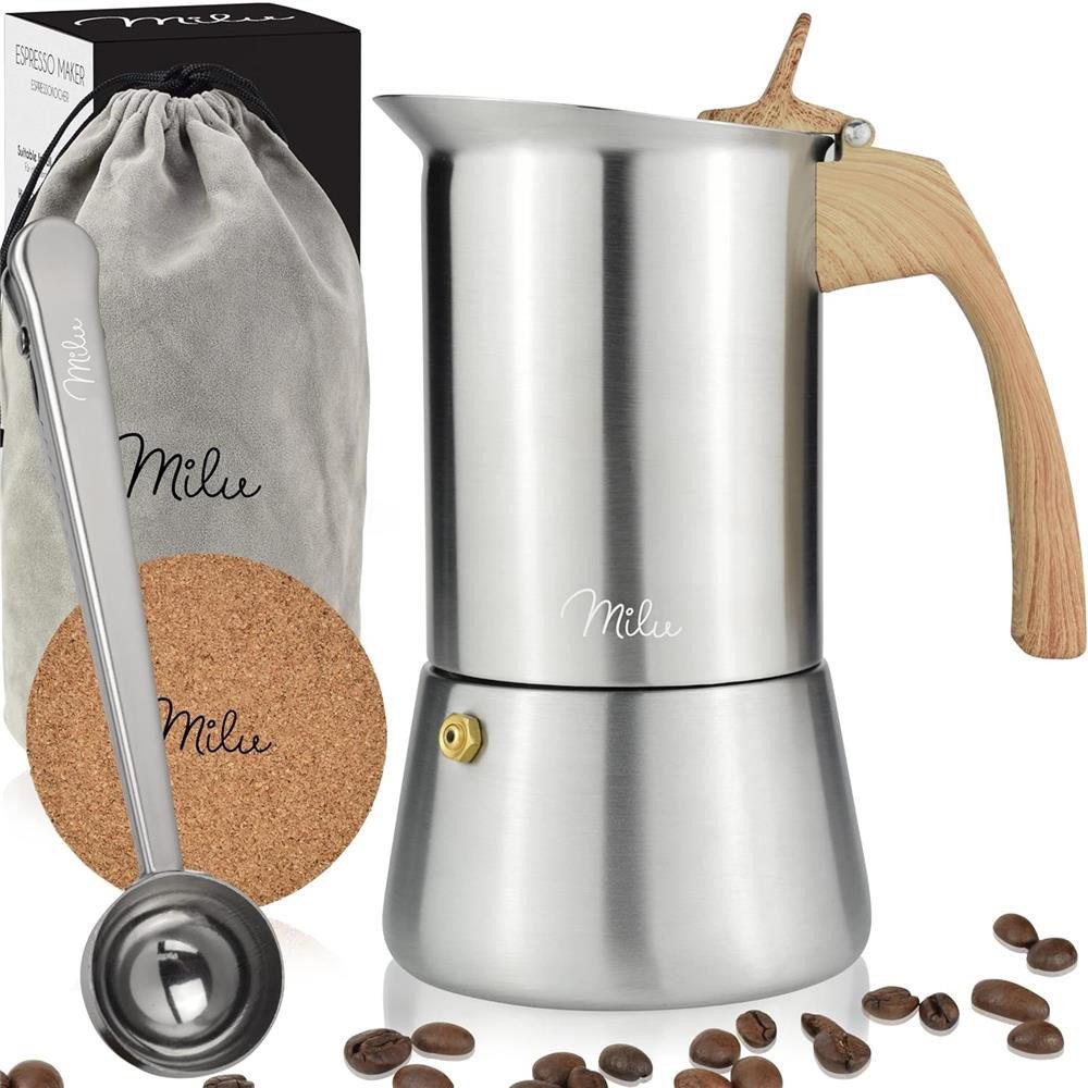 Milu Espressokocher, Edelstahl 4 Tassen, 200 ml, Holzoptik Griff, Induktion, 7-tlg. Set