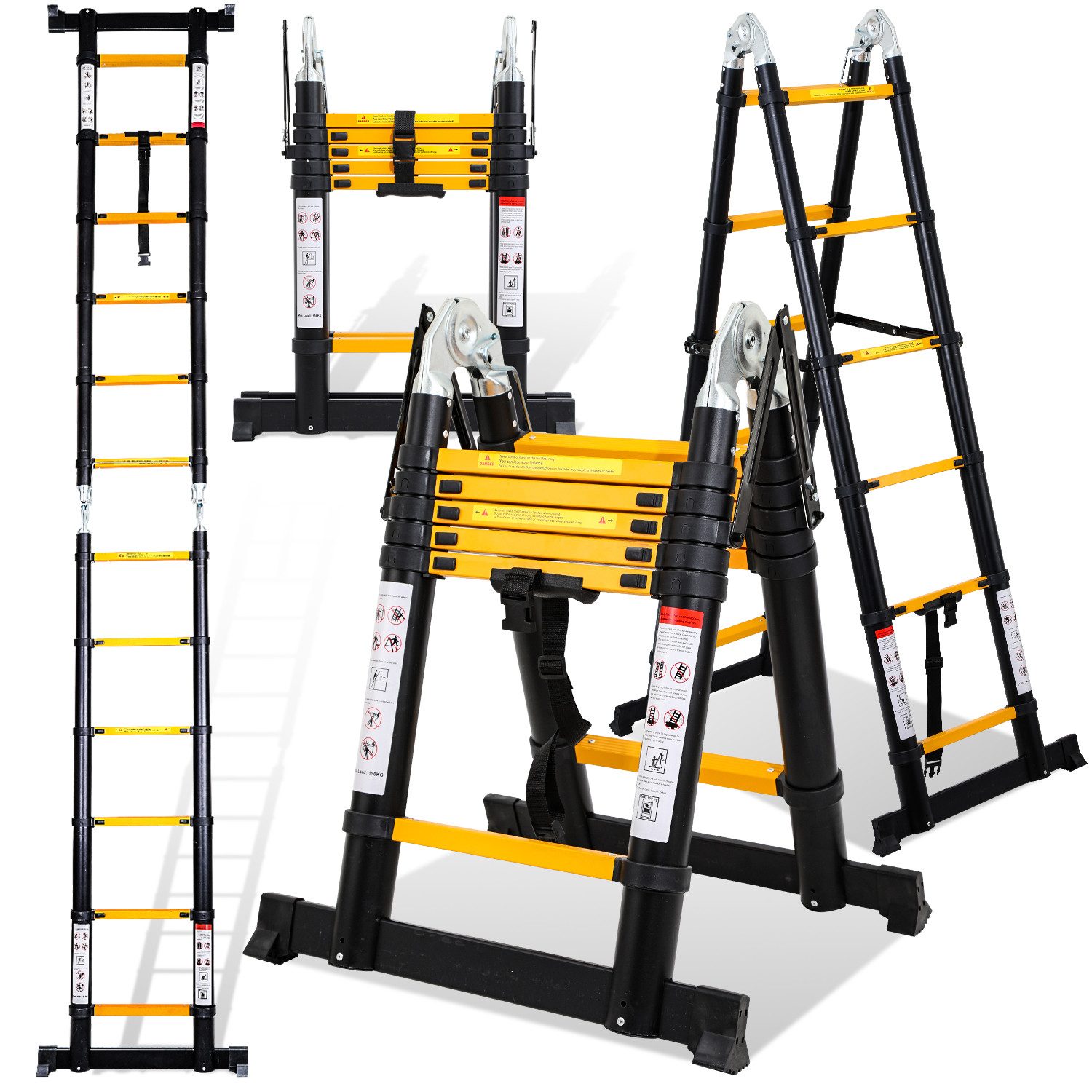 Teleskopleiter Teleskopleiter Alu 1.9+1.9m mit Rädern Anlegeleiter Stabilisator