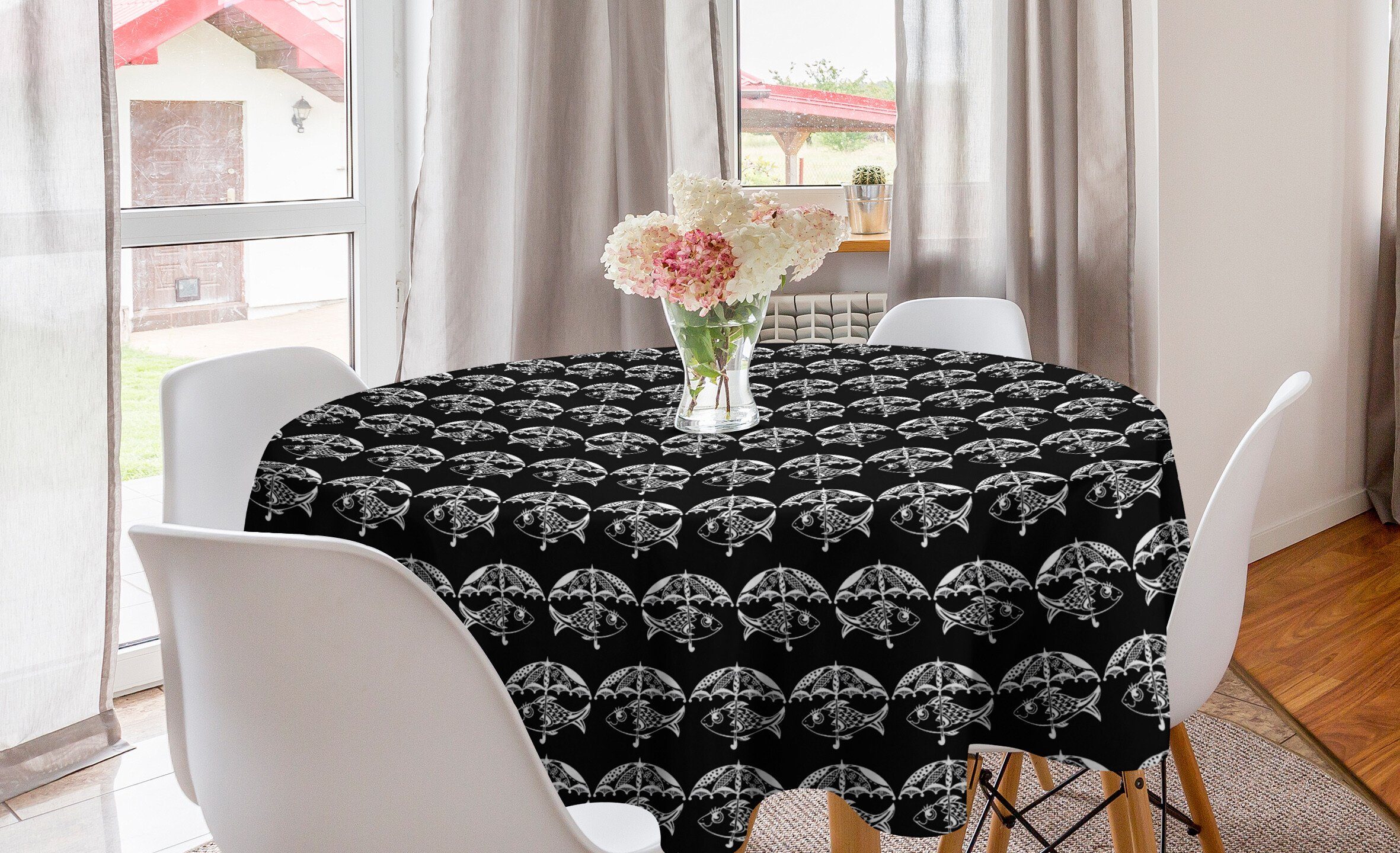 Abakuhaus Tischdecke Kreis Tischdecke Abdeckung für Esszimmer Küche Dekoration, Fisch Meerestiere und Regenschirme