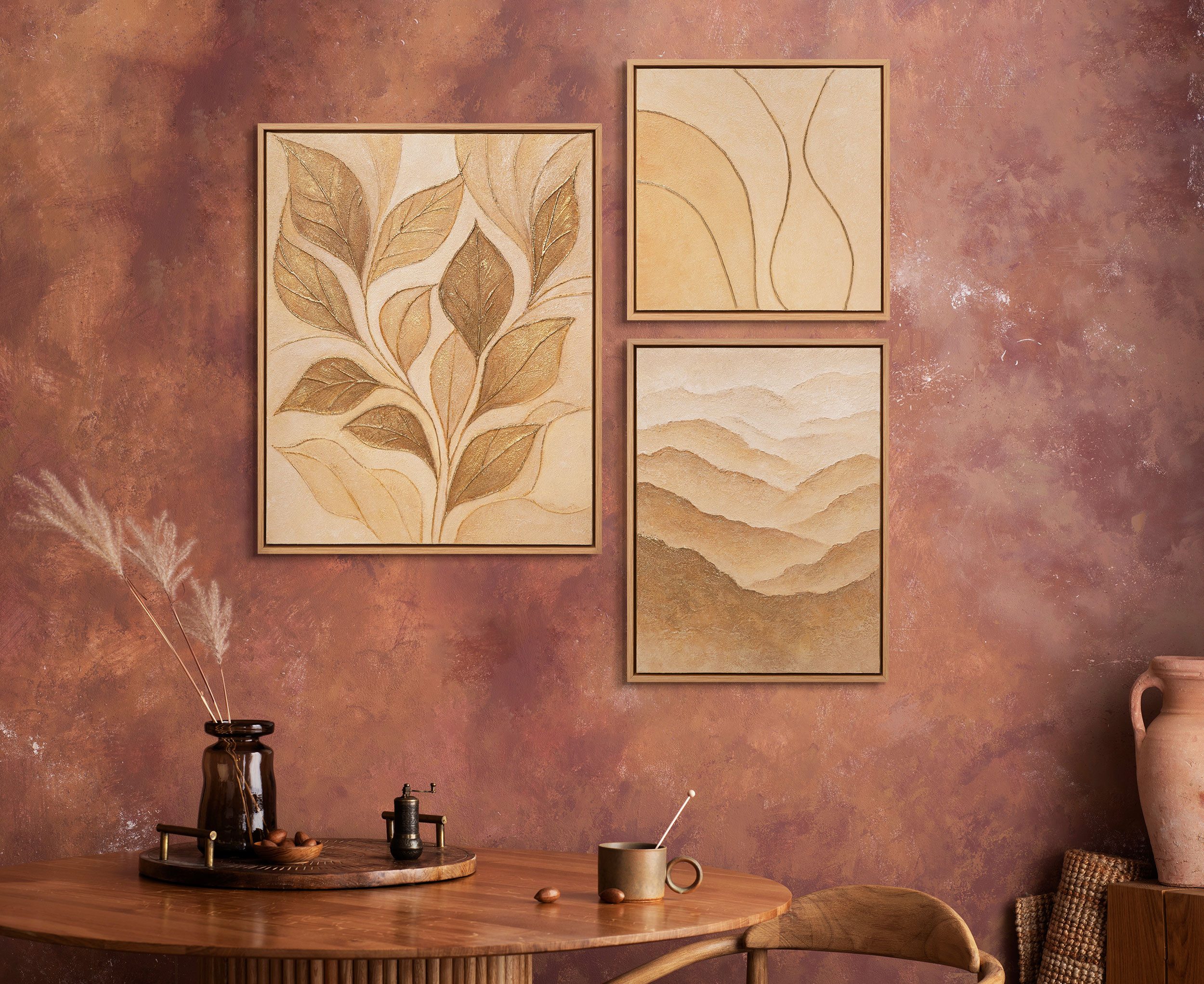 YS-Art Gemälde "Rascheln des Laubs", Blumen (Set, 3 St), Modernes Wandbilder Set Natur Beige – Abstrakt Bilder Set mit Rahmen