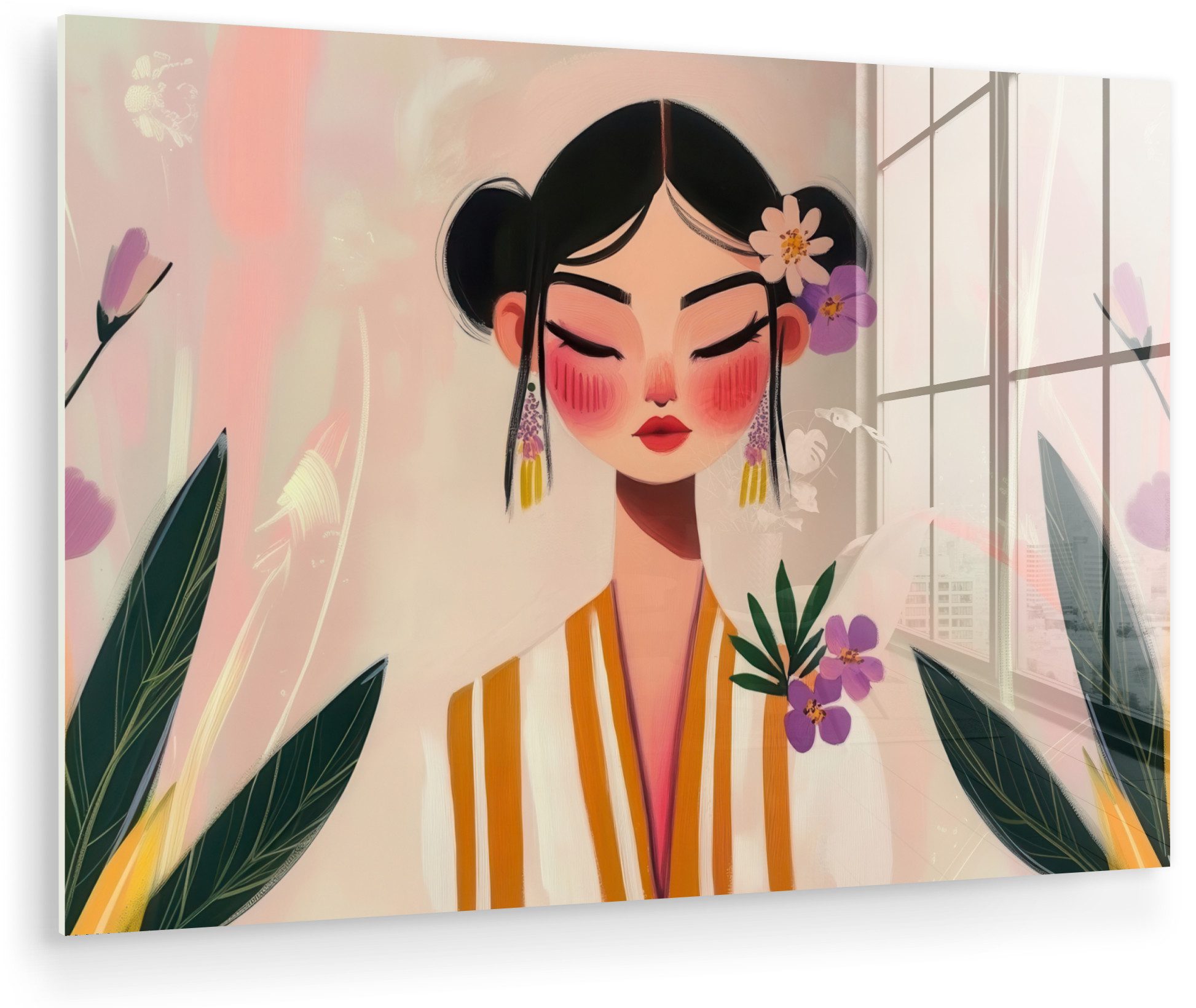 MuchoWow Acrylglasbild Frau - Blumen - Pastell, Inkl. Aufhängung, Glasbilder Wohnzimmer, Schlafzimmer, Flur & Esszimmer, 30x20 cm