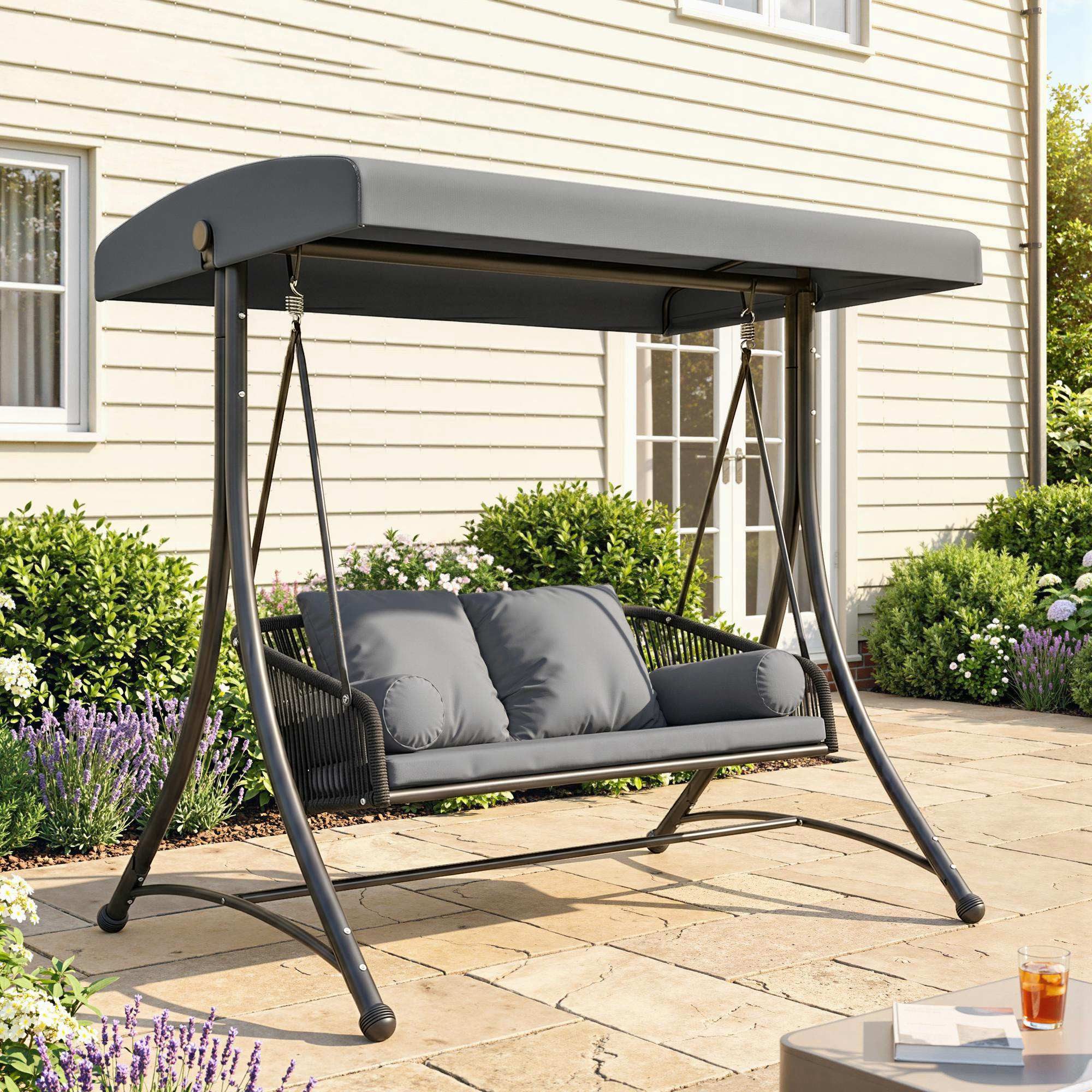 Outsunny Hollywoodschaukel Rattan Gartenschaukel mit weichem Kissen A-Rahmen, 2-Sitzer, verstellbares Sonnendach, 2-Sitzer Gartenschaukel, 6 tlg., Schaukelbank, für Garten Terrasse 178 x 120 x 172 cm Dunkelgrau