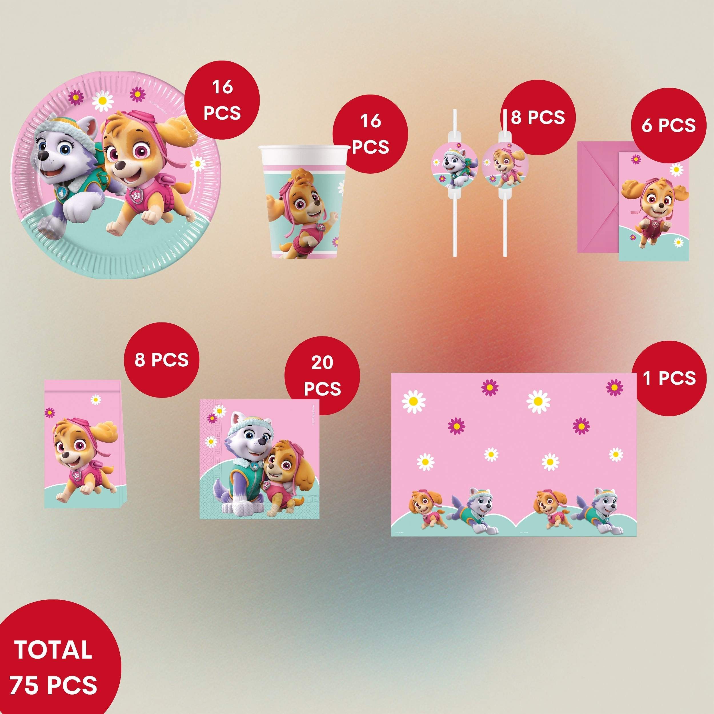 Procos Einweggeschirr-Set 75-tlg. Paw Patrol Skye & Everest Partyset für Kindergeburtstag, 16 Personen