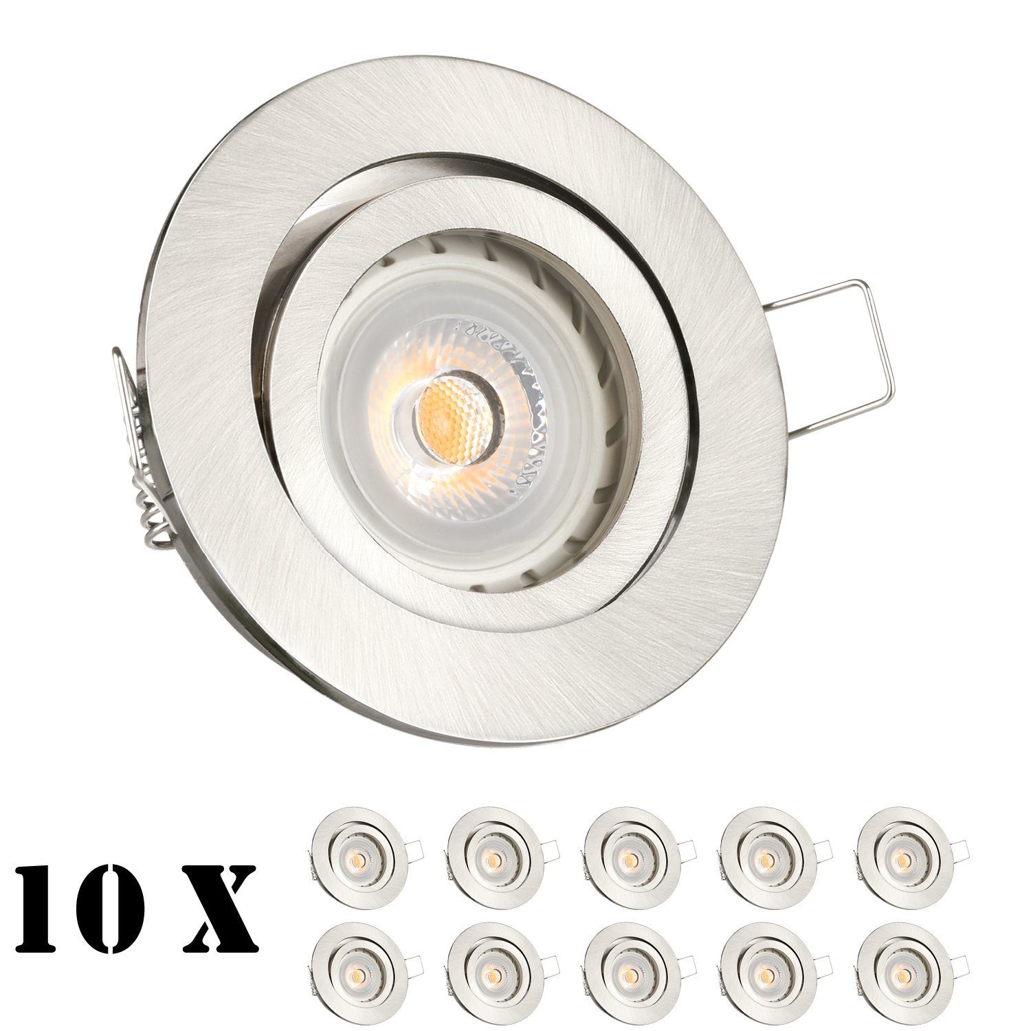 LED Einbaustrahler Silber 10er Markenstrahl Einbaustrahler GU10 gebürstet LED Set mit LEDANDO LED