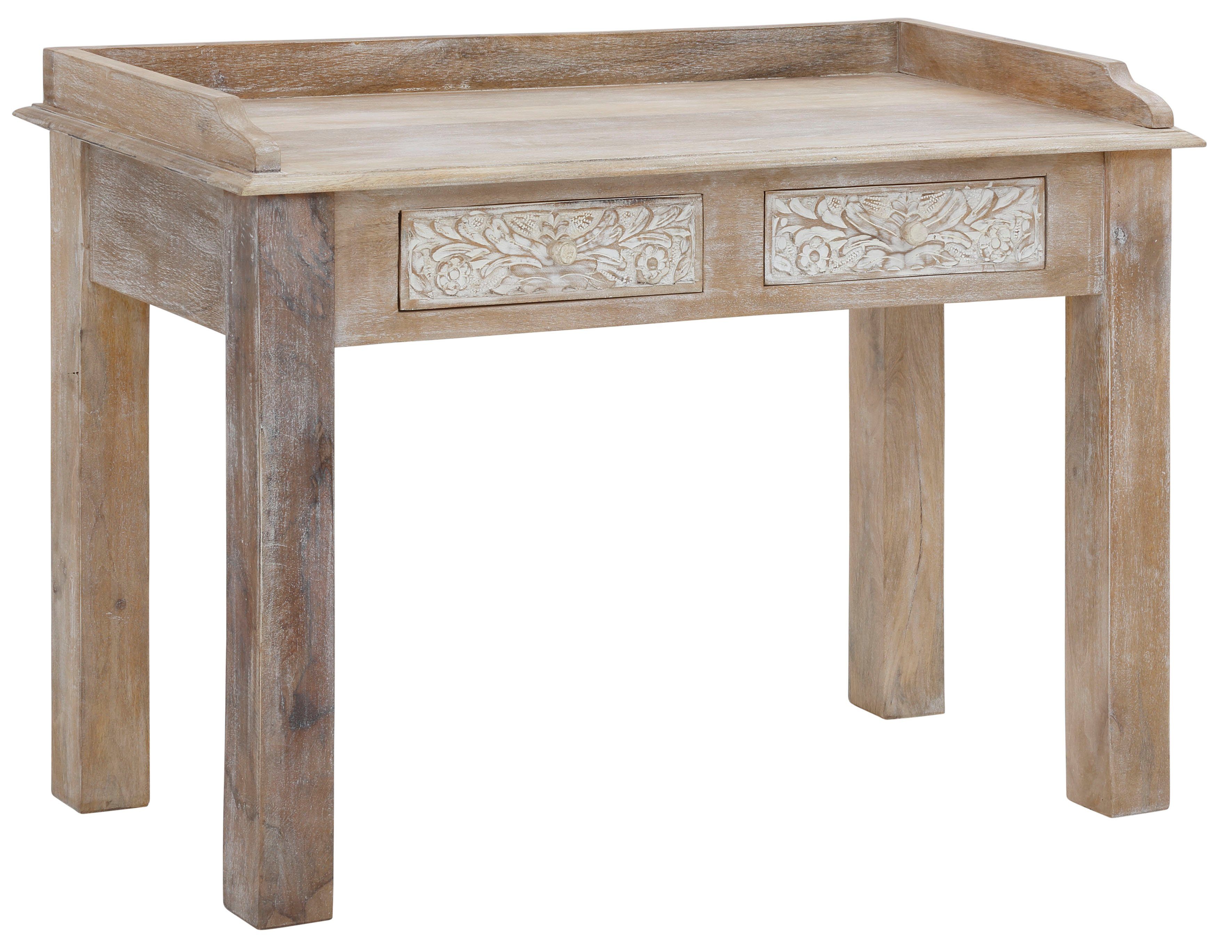 Home affaire Schreibtisch Lavin, Mangoholz, mit dekorativen Schnitzereien, Handgefertigt, Breite 111 cm