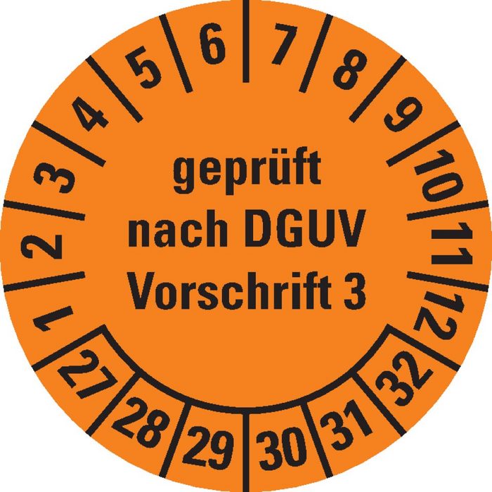 Dreifke Hinweisschild Dreifke® Prüfplakette gepr.n.DGUV Vorschrift 3 27-32 orange Dokumentenfolie Ø15mm 60 St/Bogen