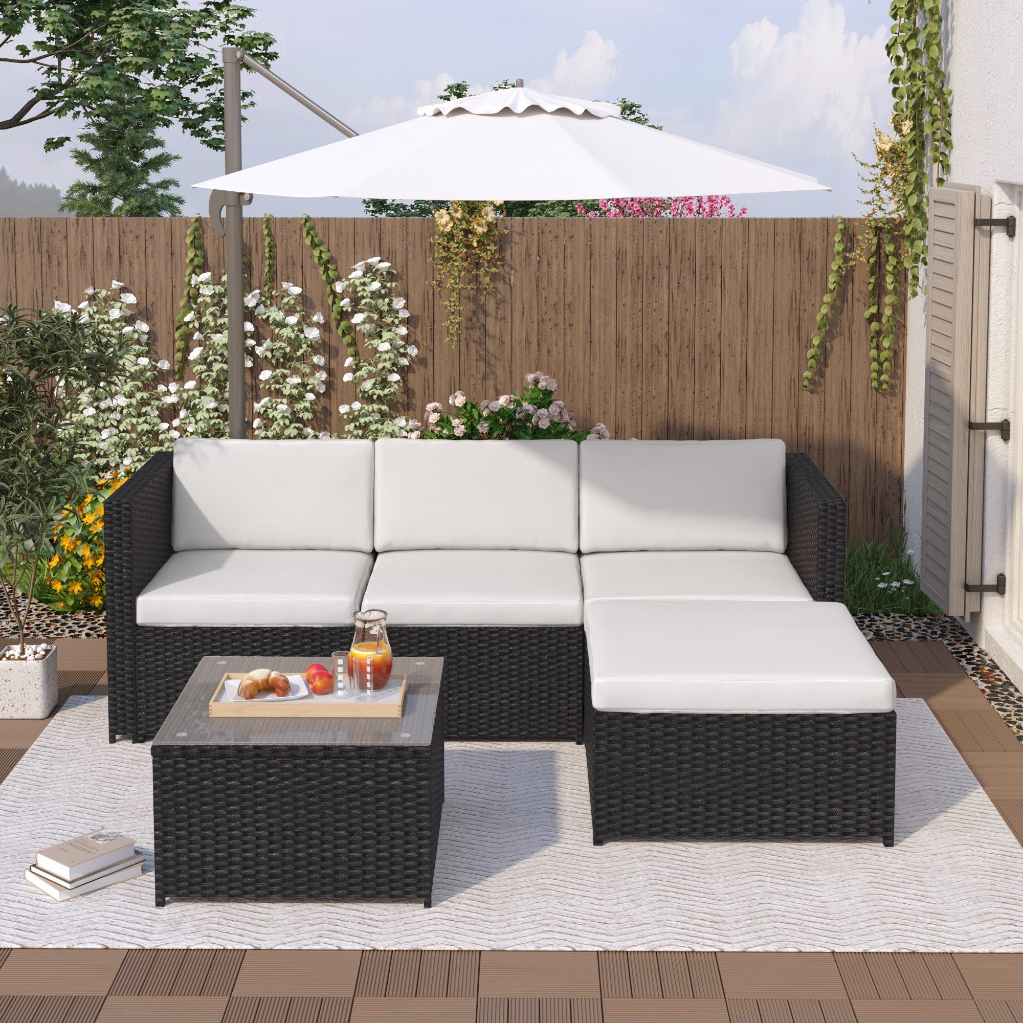 Gartenlounge-Set, (5-tlg., Gartenmöbel Set für 4 Personen), Polyrattan Sitzgruppe mit Garten-Sofa, Garten-Tisch und Hocker