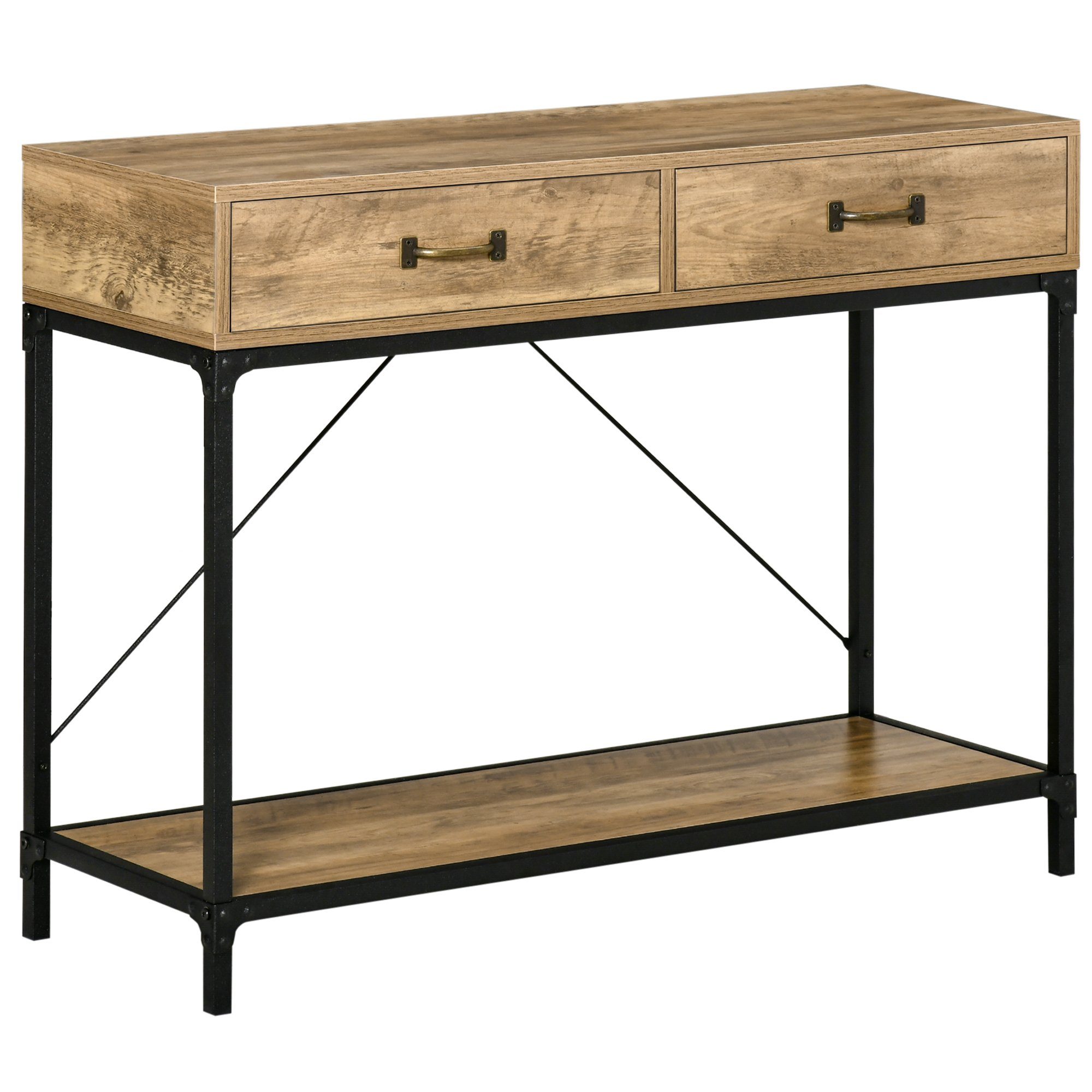 HOMCOM Konsolentisch 2 Schubladen Unterregal (Beistelltisch, 1-St., Eingangstisch), vintage Metall Spanplatte Braun+Schwarz 100 x 35 x 76,5 cm