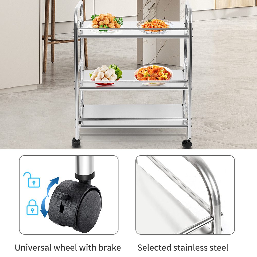 JEOBEST Servierwagen Küchenwagen Edelstahl mit 3 Ablagen Rollwagen 61 x 36 x 75cm, Hotel Servierwagen mit 4 Rädern, Abschließbar Räder, Kapazität 90 kg – Bild 5 von 5