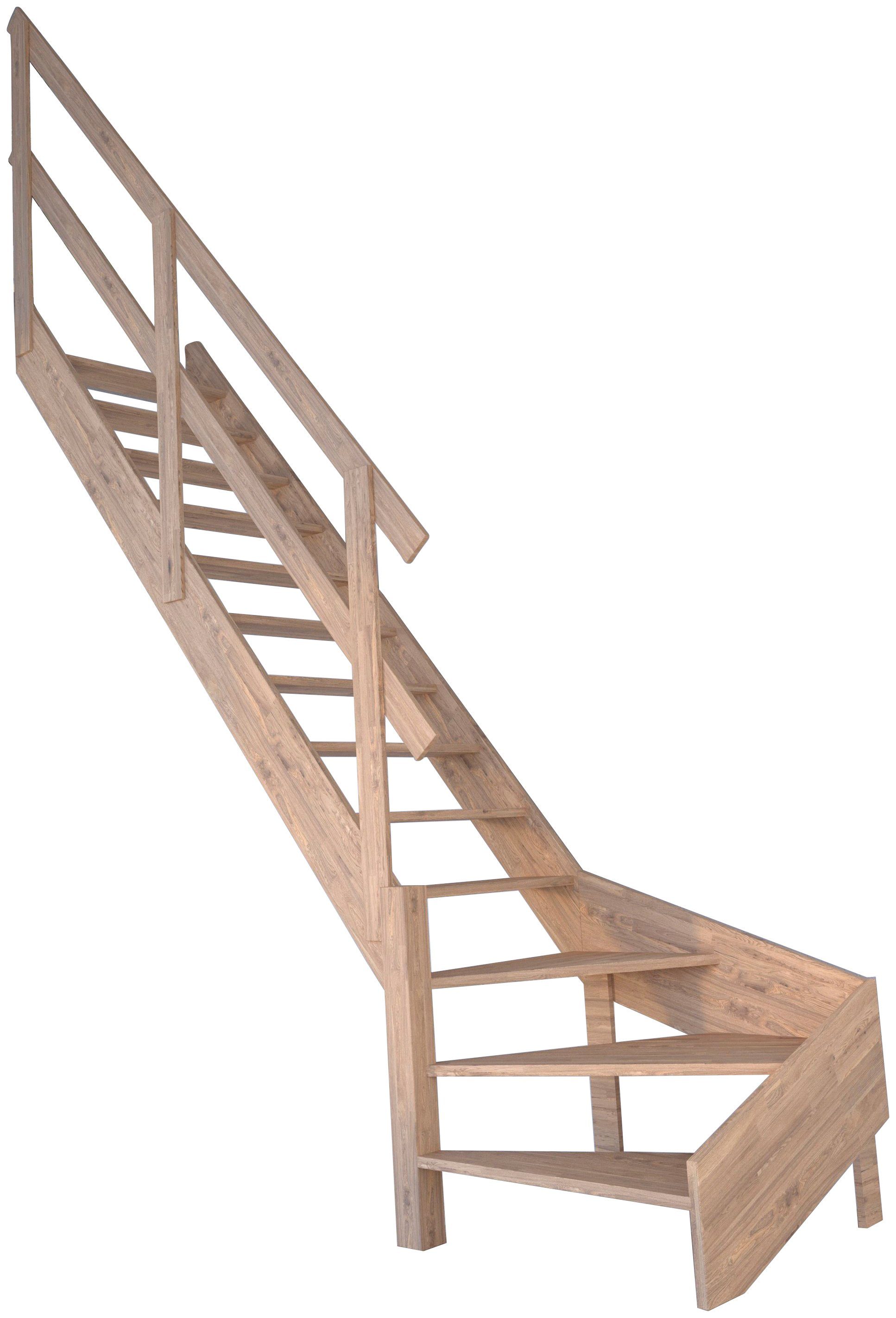 Starwood Raumspartreppe Massivholz 300 cm, Durchgehende bis Wangenteile offen, Links, Stufen gewendelt Geschosshöhen Holzgeländer, für Rhodos