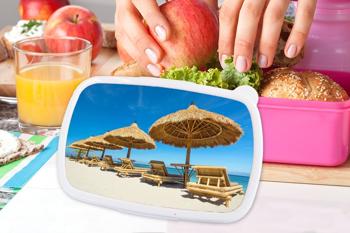 Sonnenschirm MuchoWow Kunststoff - Sommer, Lunchbox Kinder, - Brotbox Mädchen, Snackbox, Kunststoff, - (2-tlg), für rosa Meer - Erwachsene, Brotdose Strand Strandkorb