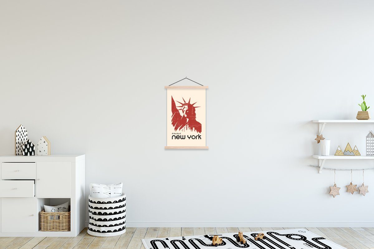 Bilderleiste, Textilposter St), New Poster Rot, (1 Wohnzimmer, Posterleiste, - MuchoWow Freiheitsstatue Magnetisch York für -