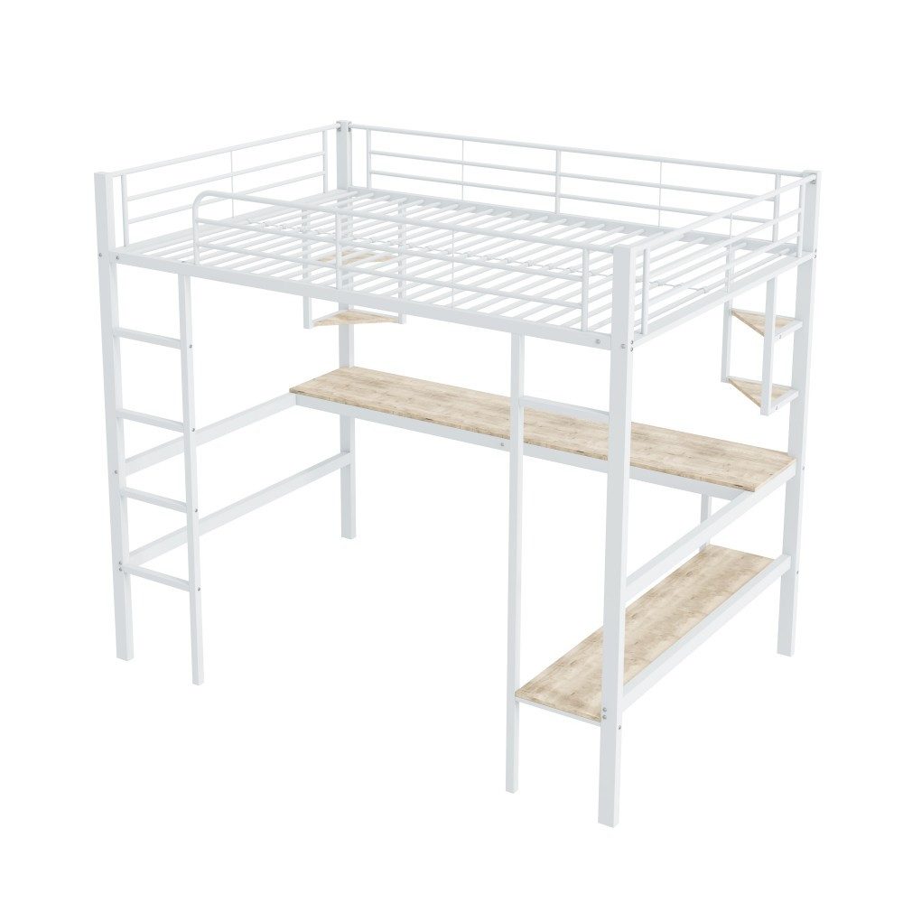 Ulife Loft Bed 140x200 with Desk & Shelves (White, Metal) White