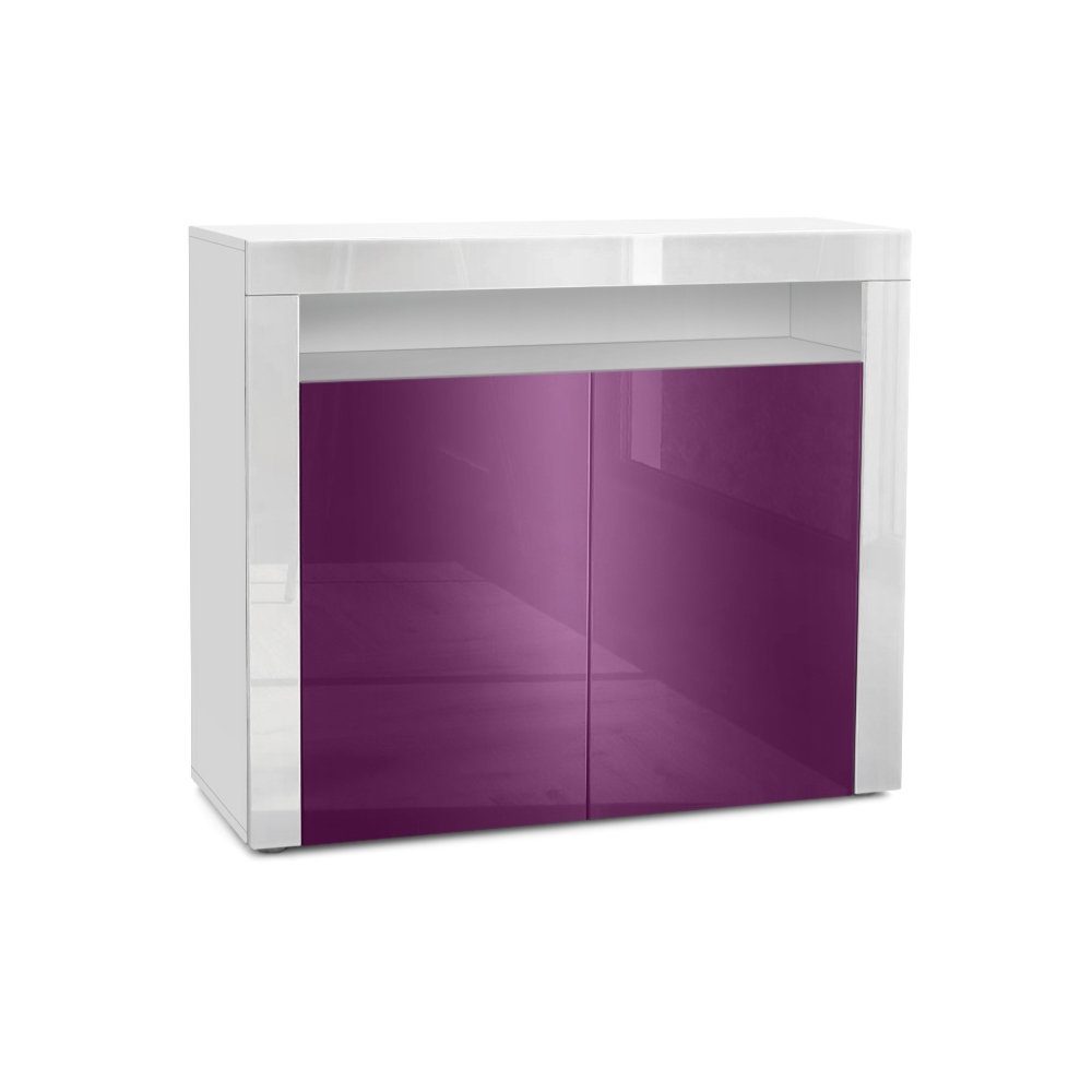 Vladon Kommode Valencia (Sideboard, mit 2 Türen und 1 offenem Fach), Weiß matt/Brombeer Hochglanz/Weiß Hochglanz (108 x 92 x 40 cm)