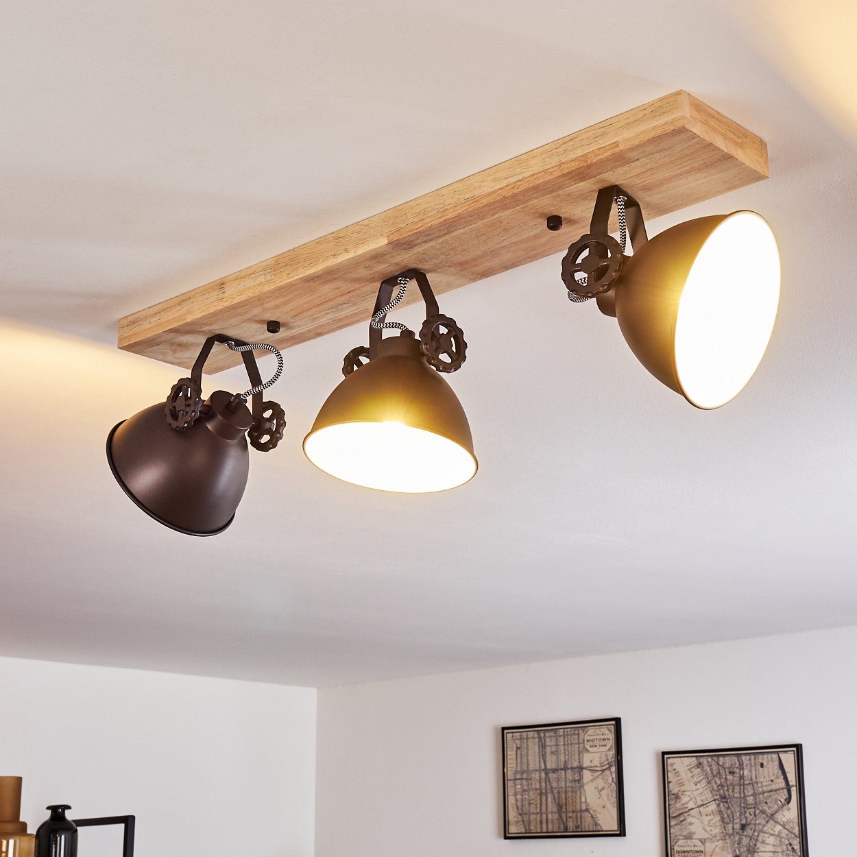 3xE14, »Mot« verstellbaren in mit Leuchtmittel, Retro/Vinatge hofstein aus Design Strahlern, Deckenleuchte ohne Schwarz-Braun/Natur, Deckenlampe Metall/Holz