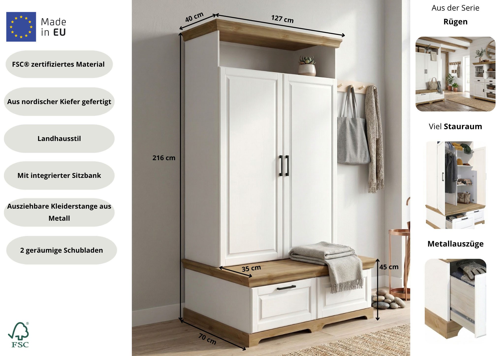 OTTO home Wäscheschrank Rügen XXL– Landhaus-Charme mit maximalem Stauraum, zeitlos schön (B/H/T ca. 127/216/70 cm) Integrierte Sitzbank + Schubladen: Stauraum für Schlafzimmer+Diele