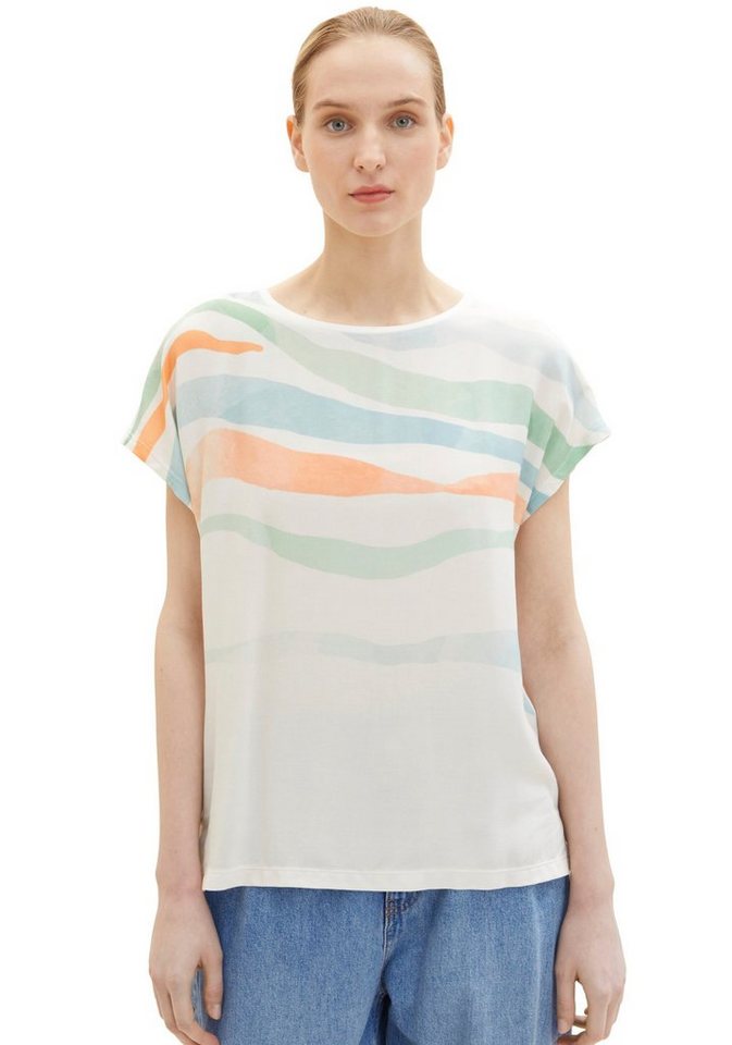 TOM TAILOR T-Shirt mit wellenförmigem Print, Ideal für die Freizeit oder  festliche Anlässe wie Geburtstage
