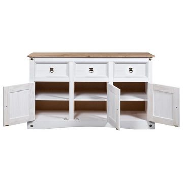 möbelando Sideboard 299733, aus Kiefer (massiv) in Weiß, braune Oberplatte mit 3 Schubladen und 3 Türen. Abmessungen (LxBxH) 132x43x78 cm