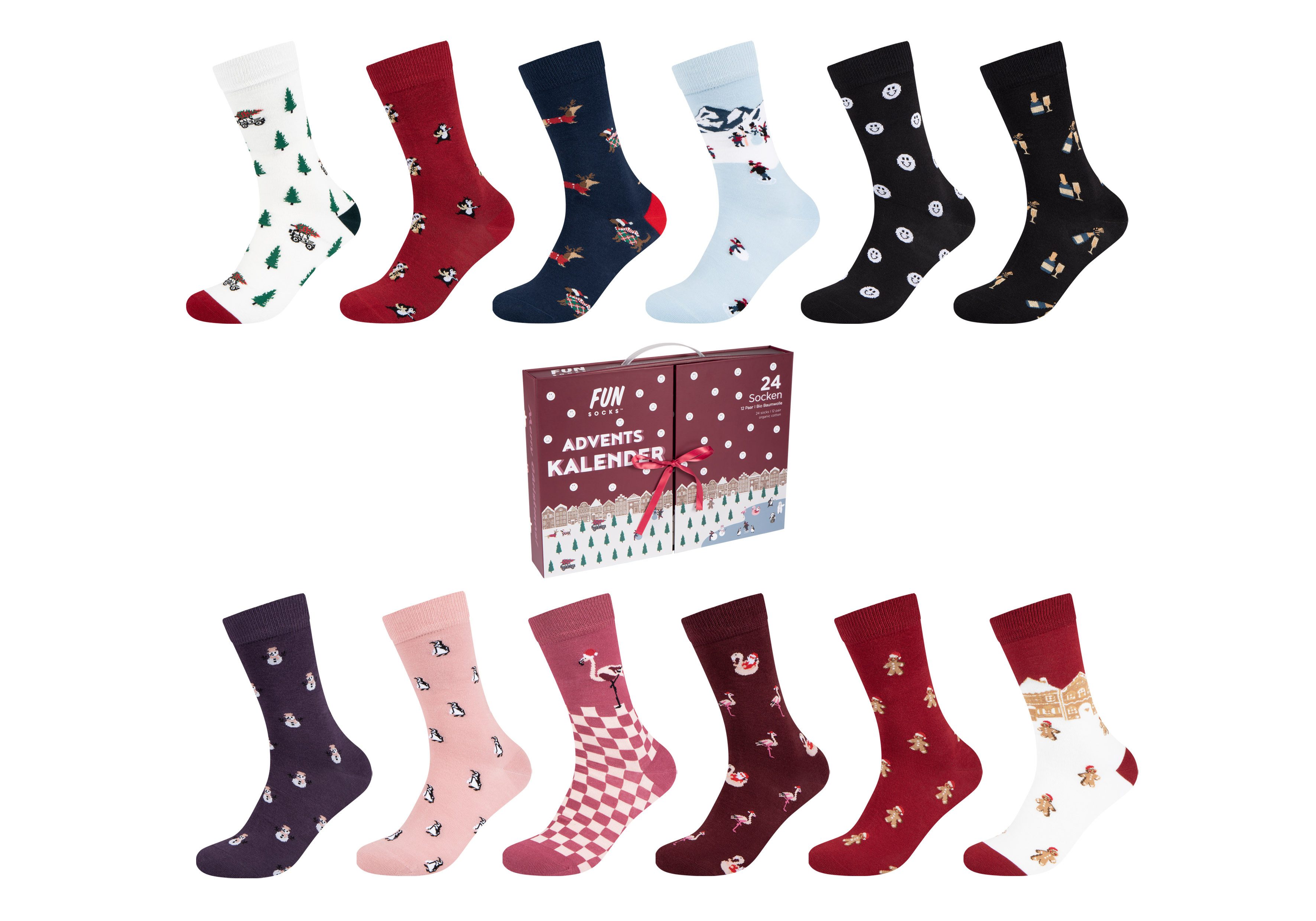 Fun Socks Adventskalender Motifs (24-tlg), mit Weihnachtsmotiven, elastischer Bund