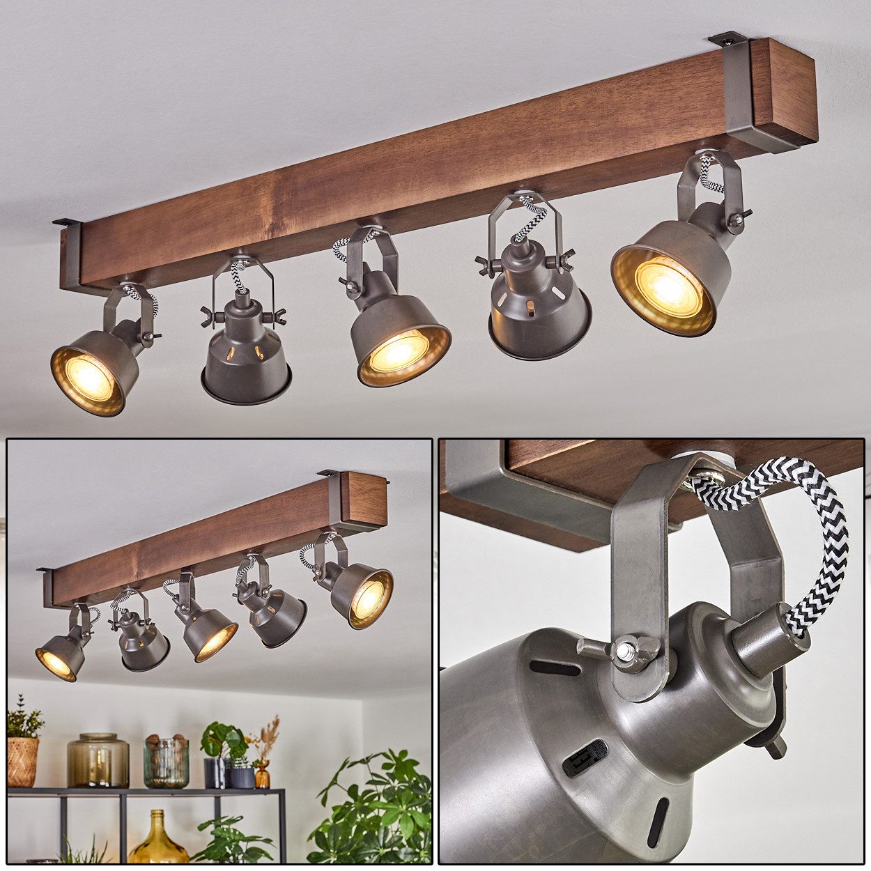 hofstein Deckenleuchte Deckenlampe aus Metall/Holz in Grau/Dunkelbraun, ohn günstig online kaufen