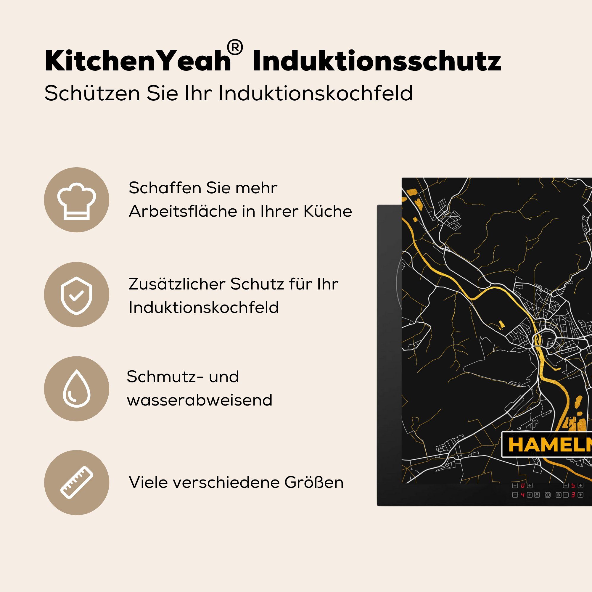 - - 78x78 tlg), Ceranfeldabdeckung, Stadtplan Deutschland, küche Gold Herdblende-/Abdeckplatte - cm, für MuchoWow Arbeitsplatte Hameln Vinyl, - Karte (1