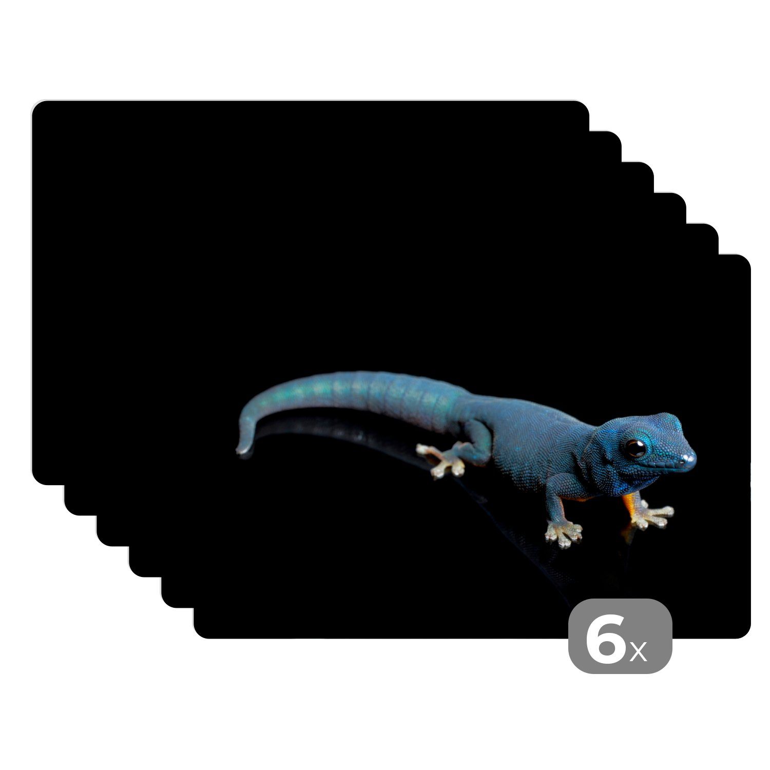 Platzset, Blauer Gecko auf schwarzem Hintergrund, MuchoWow, (6-St), Platzset, Platzdecken, Platzmatte, Tischmatten, Schmutzabweisend