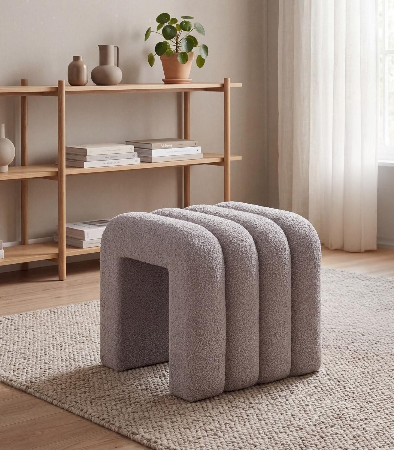 Home4You Polsterhocker B 40 x H 40 cm, Wollweiß, Teddystoff, (1 St), MDF, flauschig – Bild 2 von 4