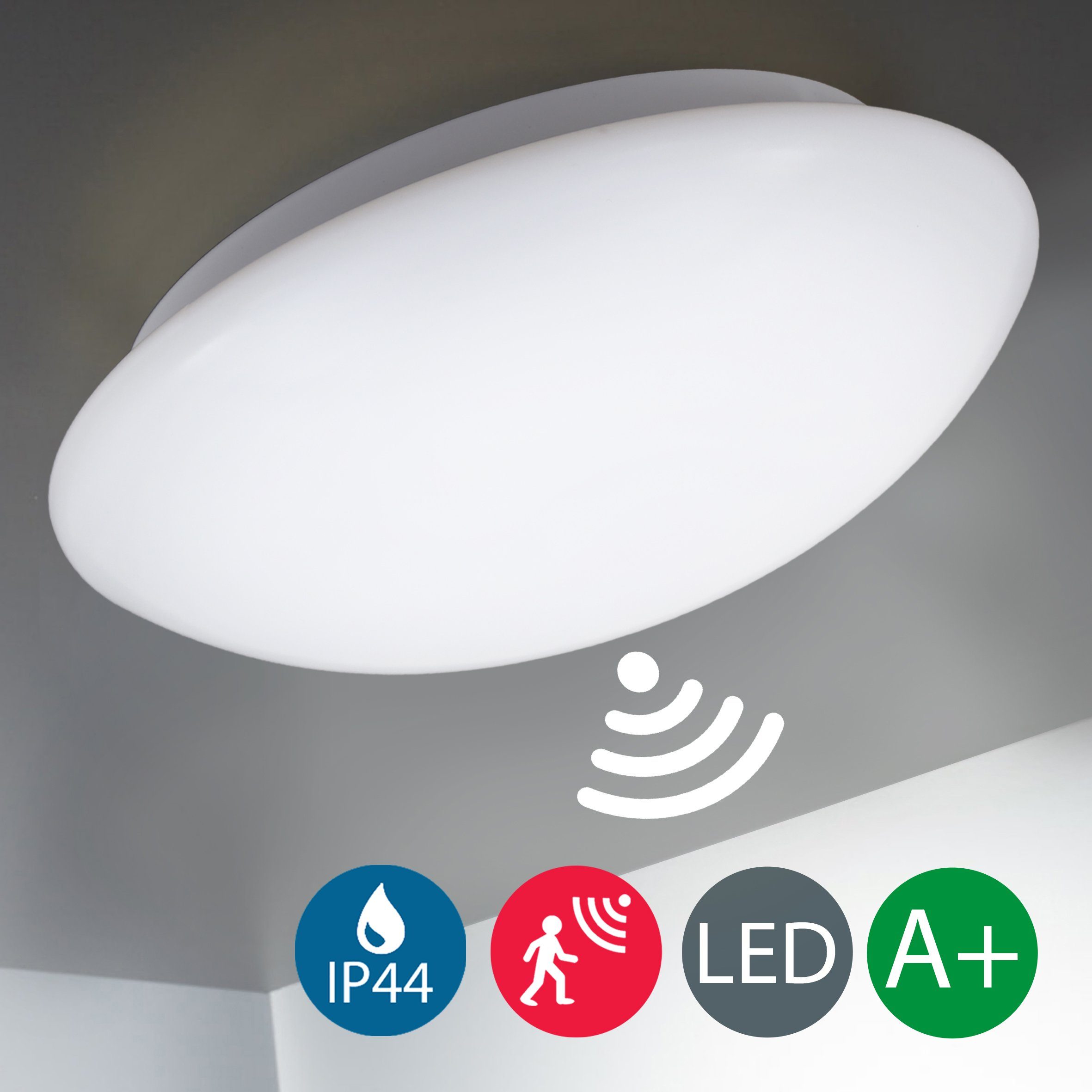 B.K.Licht LED Deckenleuchte, LED fest integriert, Neutralweiß, LED  Deckenlampe mit Bewegungssensor 15W 1.500 Lumen 4.000K IP44,Ø28cm | Deckenlampen