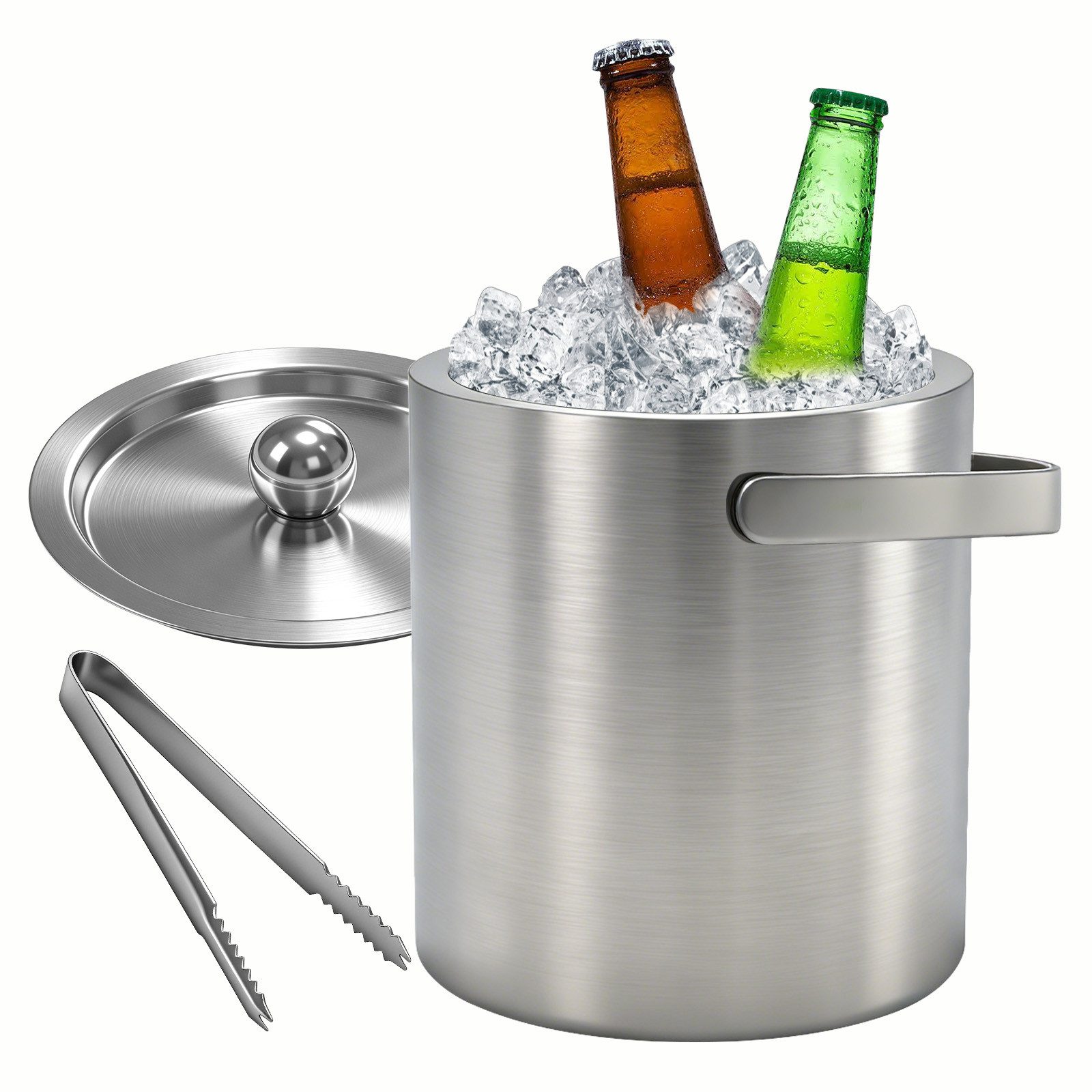 SunJas Eiseimer Eiswürfelbehälter 1.3L,Edelstahl Eiskübel mit Deckel und Zange, Eiskühler, doppelwandig isoliert mit Sieb