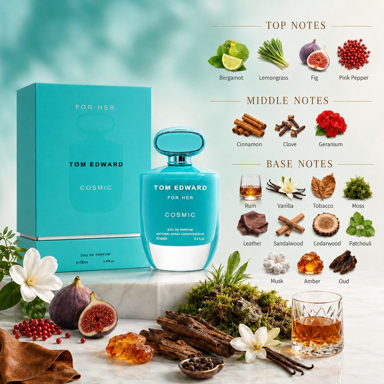 TOM EDWARD Eau de Parfum Tom Edward Cosmic for Her Damenduft Wurzig Orientalish Holzig e100 ml, Hergestellt in UK, Premium Damenduft, Langanhaltend, Schone Verpackung