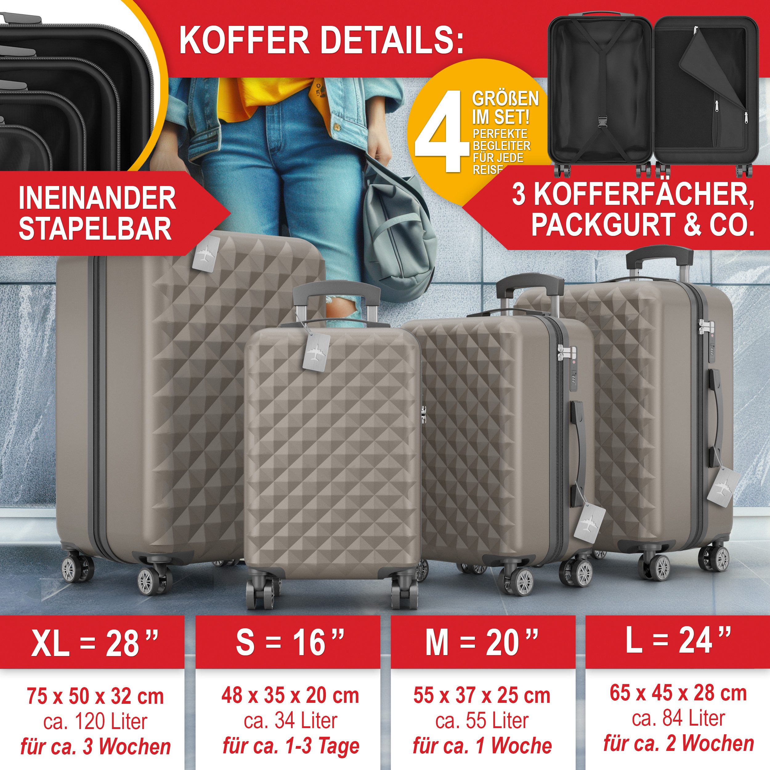 Onbest Kofferset 4er Hartschalen Trolley PREMIUM S-M-L-XL TSA-Schloss, (4 t günstig online kaufen