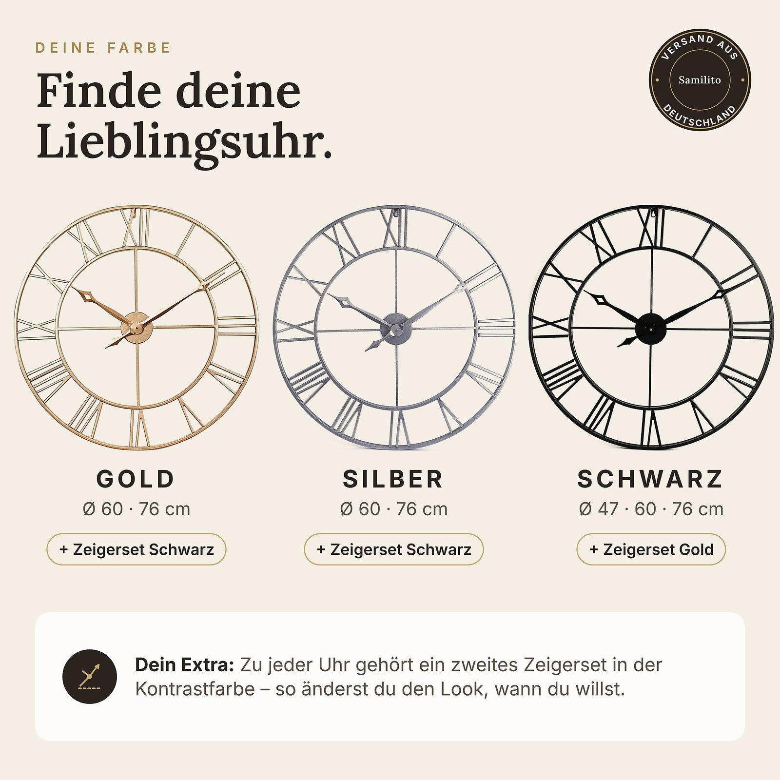Samilito Wanduhr im Vintage-Stil Rund, 2cm Rahmen, römische Ziffern, leises Quarzwerk (Leises Quarzwerk, sanftes Ticken statt Störgeräusch, dicker Rahmen) – Bild 5 von 5