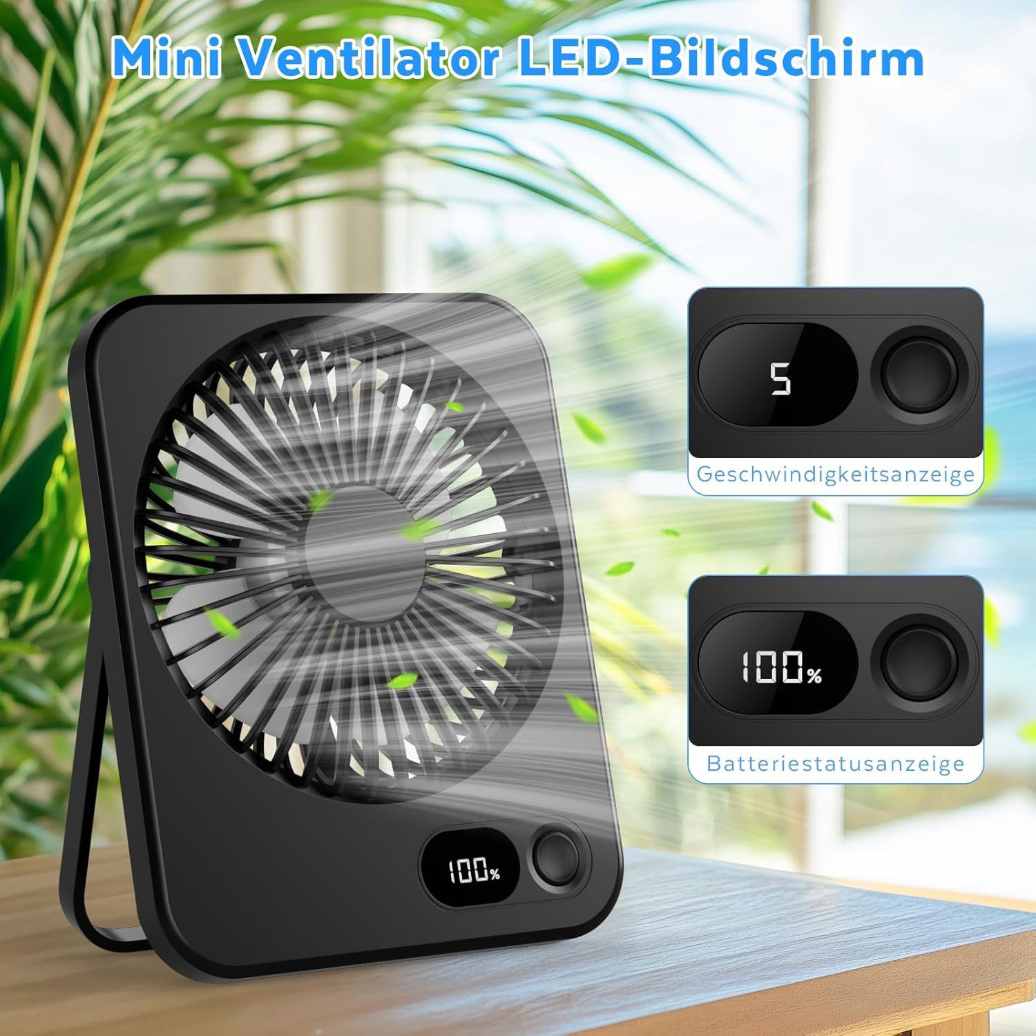 skelo Tischventilator Klein Tischventilator USB Leise Ventilator Akku 2000mAh 5 Windstufen, 1 cm Durchmesser, 180° Einstellbar Tragbarer LED Anzeige Fan Für Büro, Bibliothek, Reise