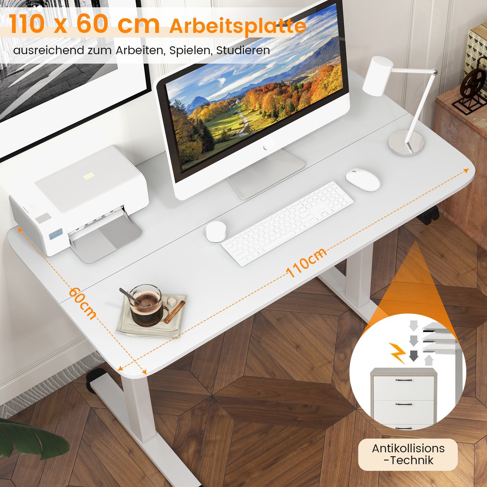 COSTWAY Schreibtisch, x Weiß Weiß Höhenverstellbar x (71,5-115,5) | 60 110 cm Elektrisch