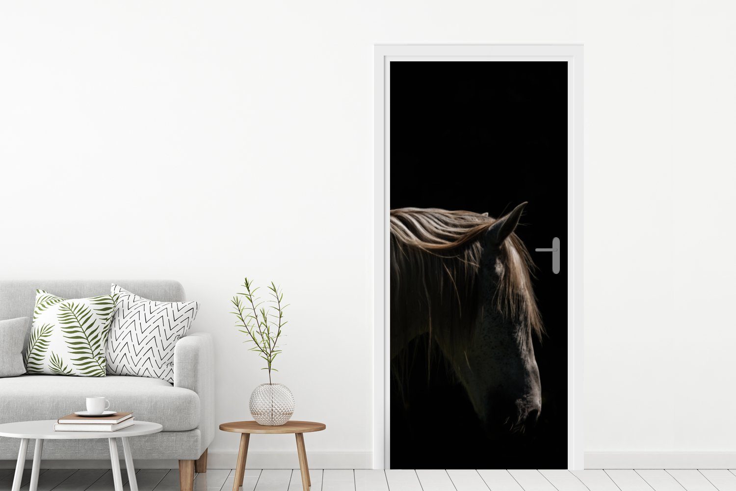 Tür, - (1 Türaufkleber, bedruckt, Weiß, St), Tiere cm MuchoWow für Türtapete Matt, 75x205 Fototapete Pferd -