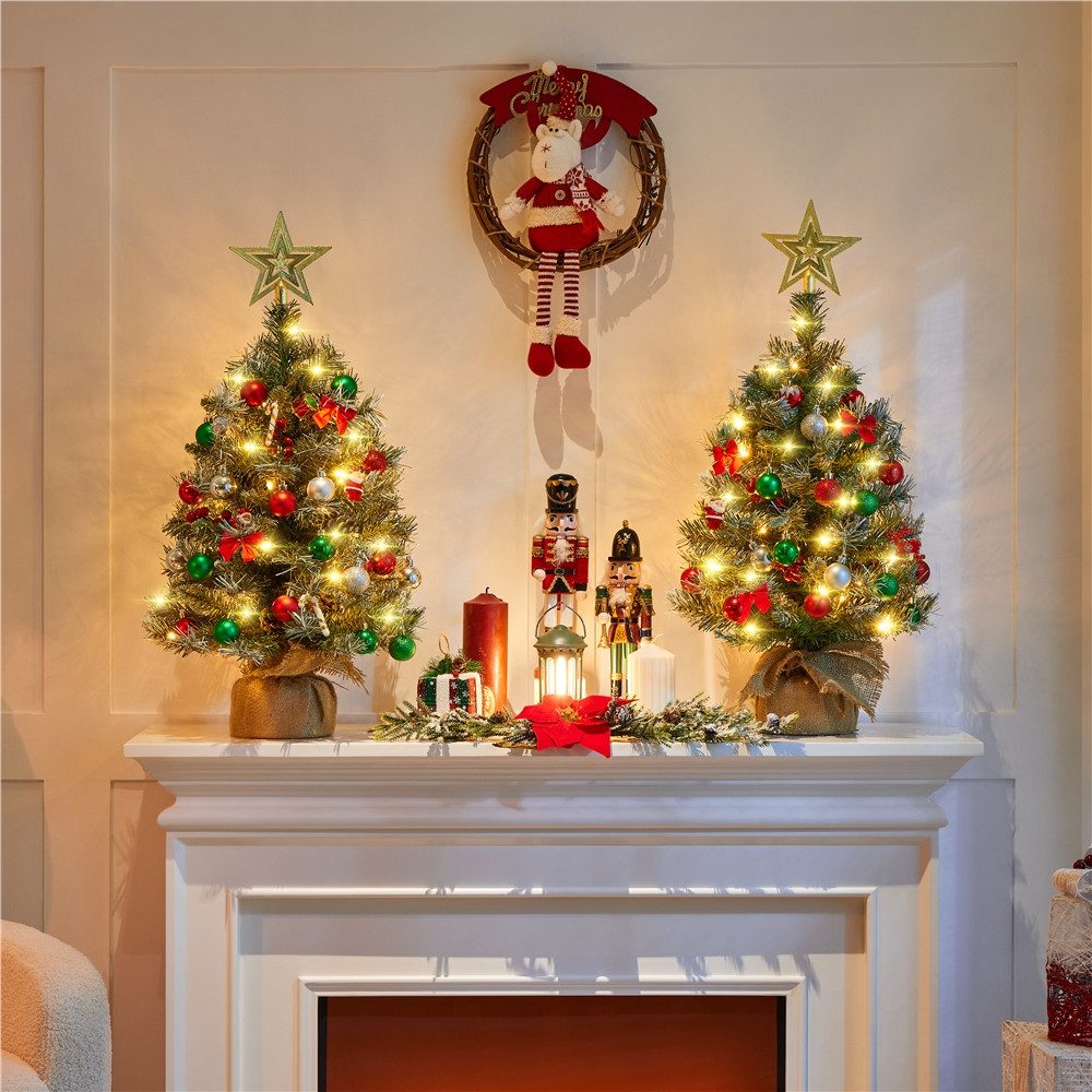 Yaheetech Künstlicher Weihnachtsbaum 61/92 cm (H), 2er-Set Tannenbaum mit Roten Beeren & LED-Lichtern & Tannenzapfen